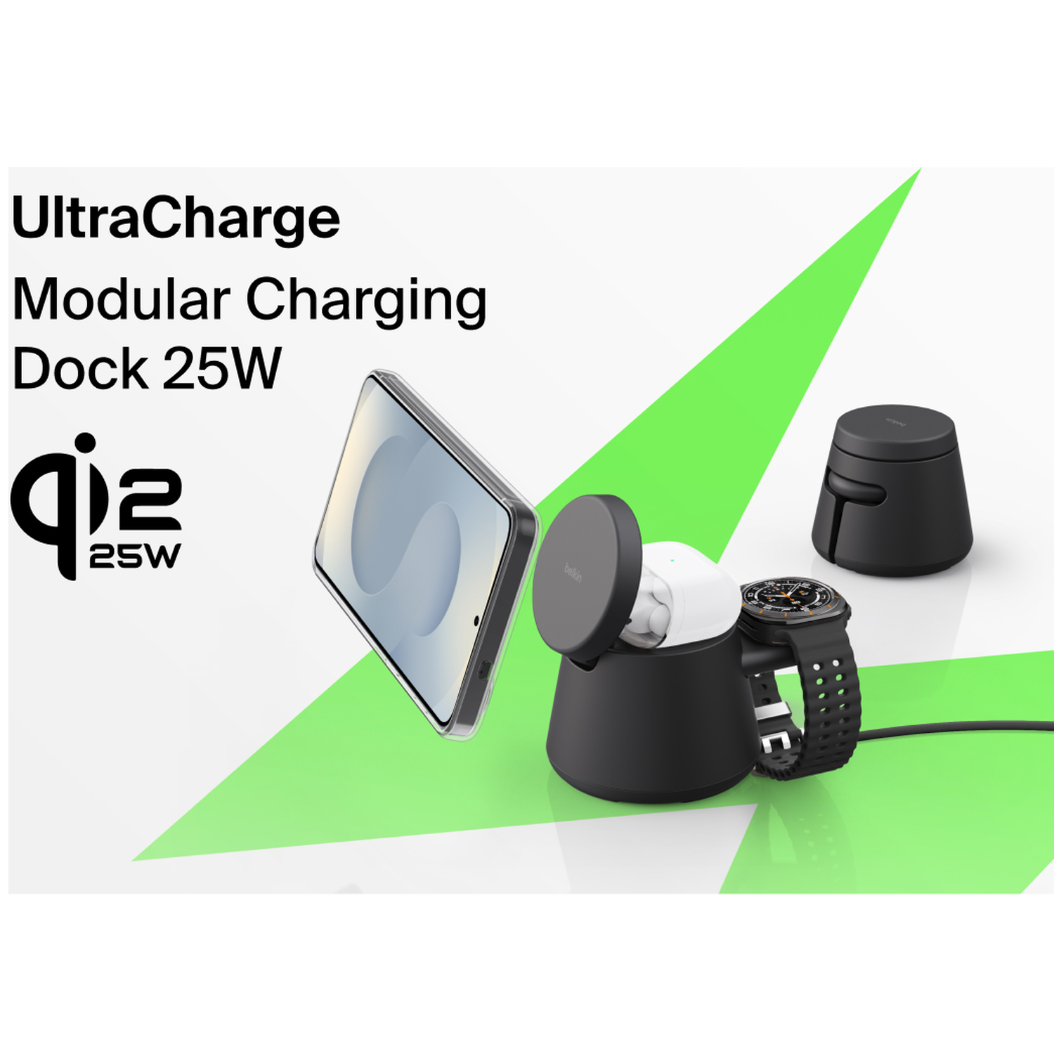 A modular charging dock with a phone, earbuds, and smartwatch.