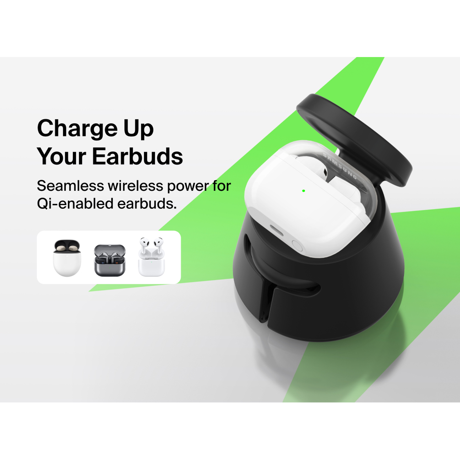 White earbuds charging on a black stand with a green background.