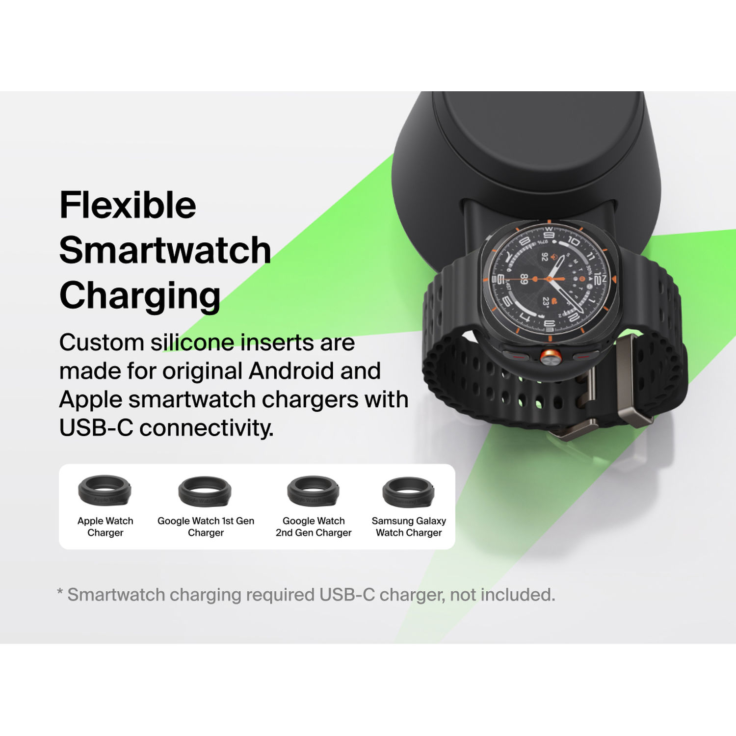 Flexible Smartwatch charger with inserts for Apple, Google, and Samsung.