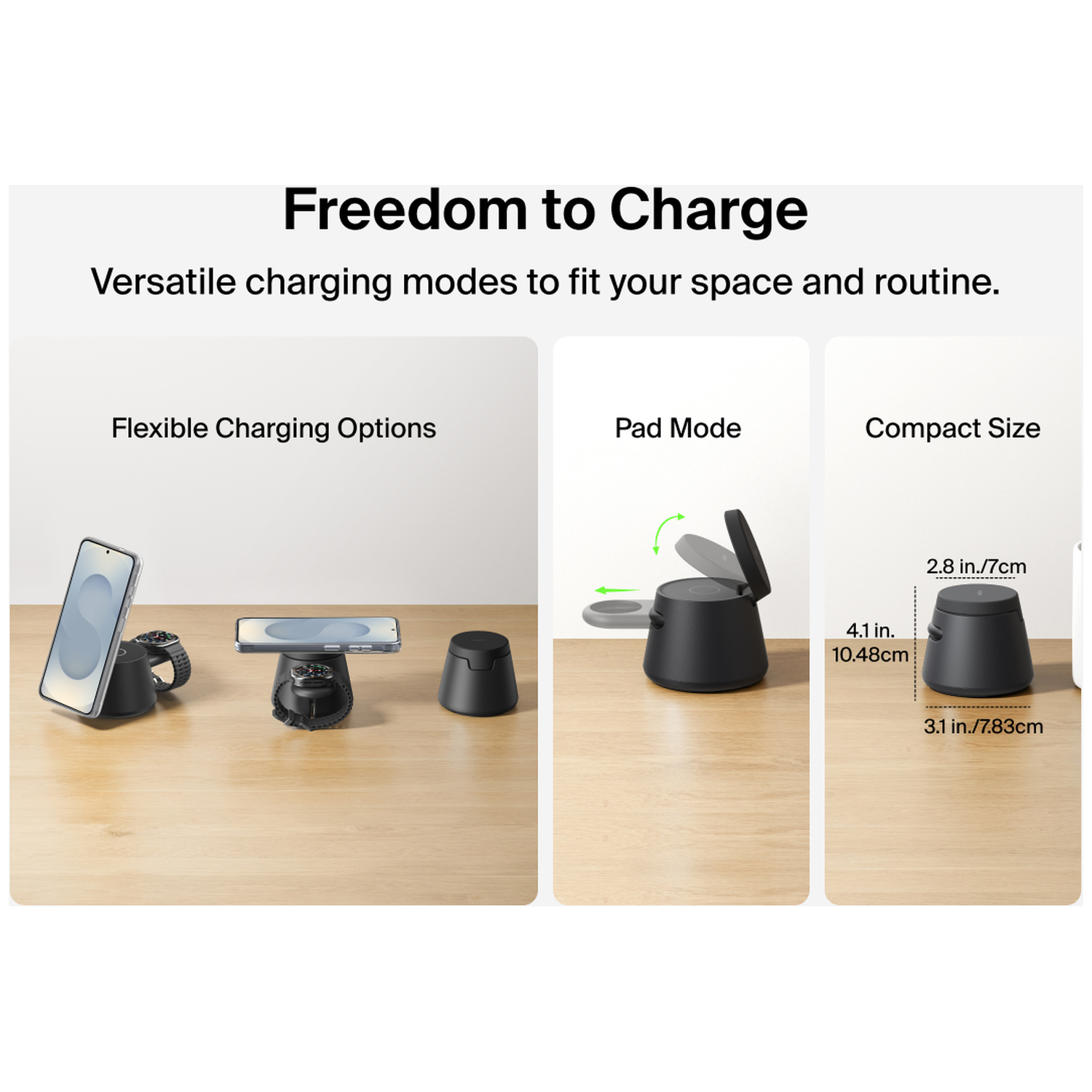 Three chargers on a wooden table: one for phone/watch, one for phone, one with dimensions.