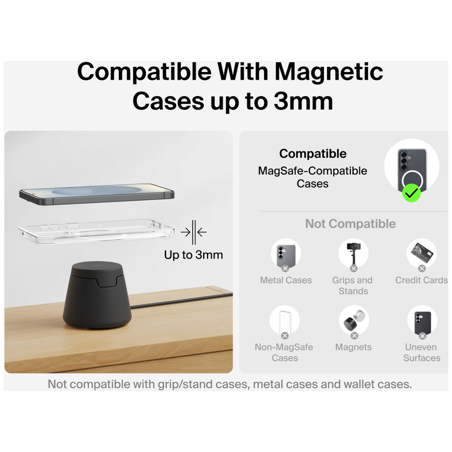 Compatible with magnetic cases up to 3mm thick.