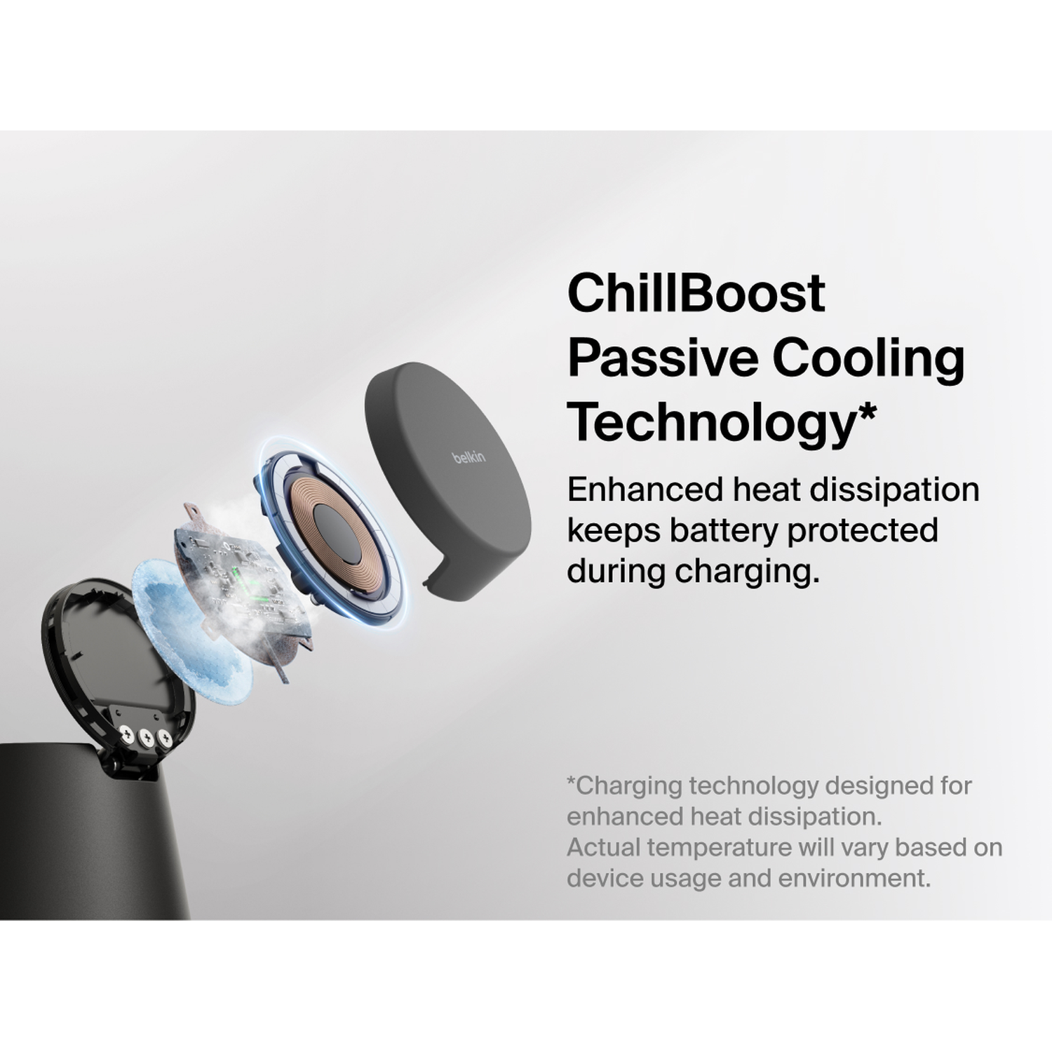 Exploded view of a charger showcasing cooling technology for enhanced heat dissipation.