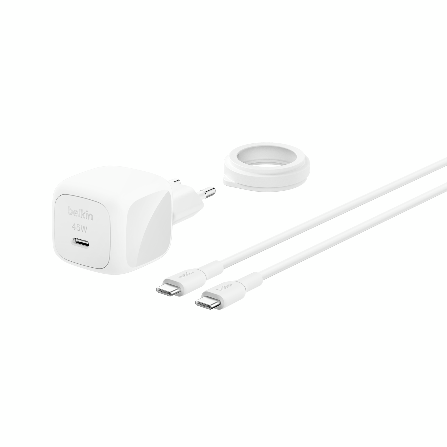 A white 45W USB-C charger with cable and ring.