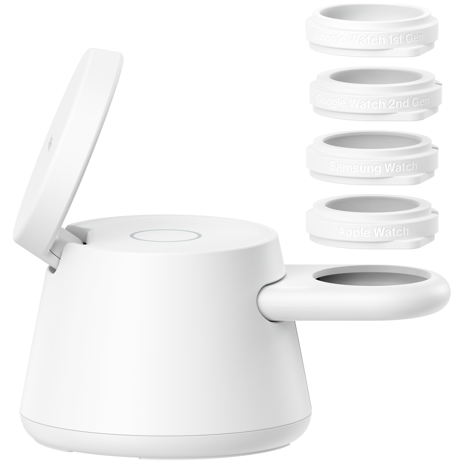 A white smartwatch charger with four rings for Google, Samsung, and Apple watches.