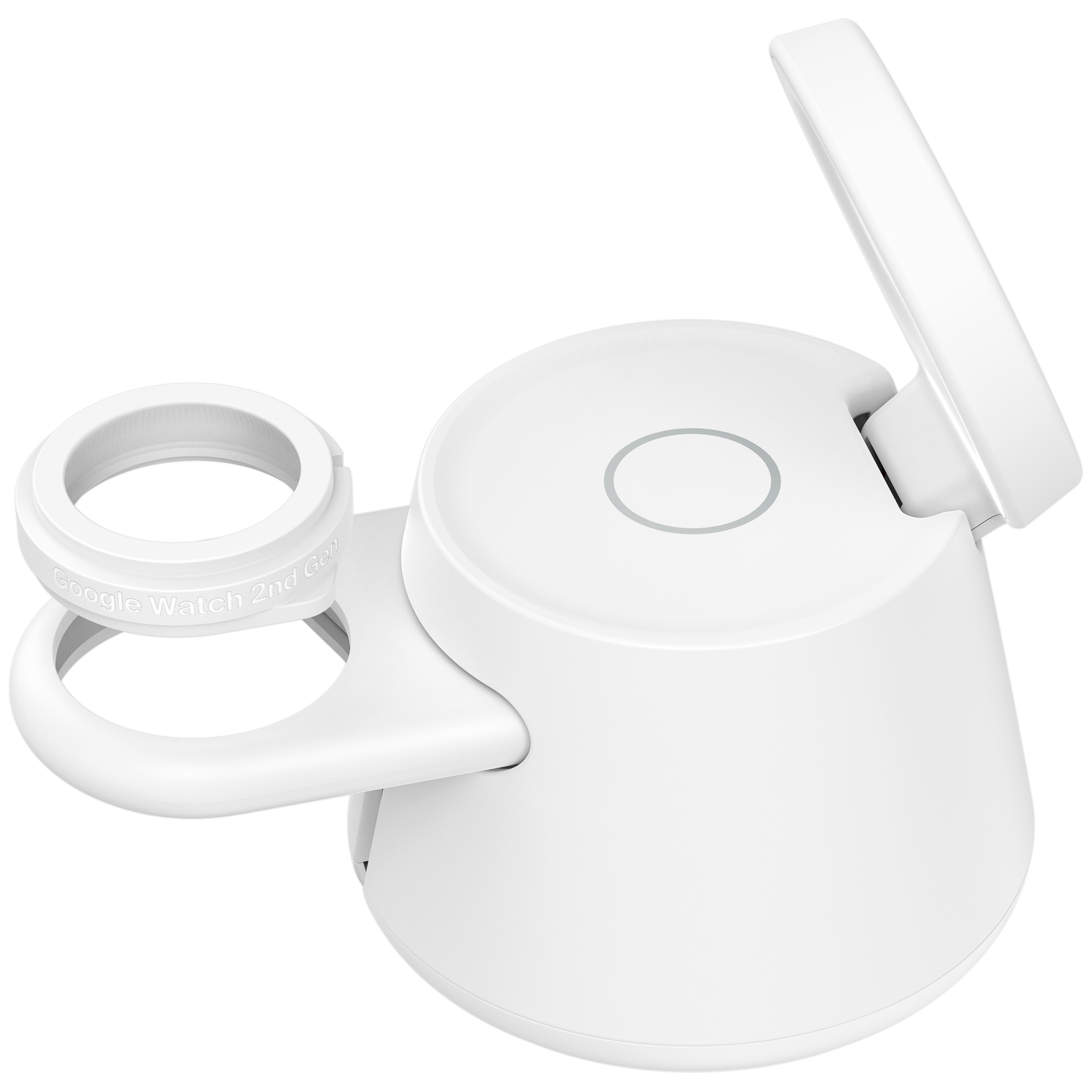 A white Google Watch 2 charger with a flip-up lid and a ring.