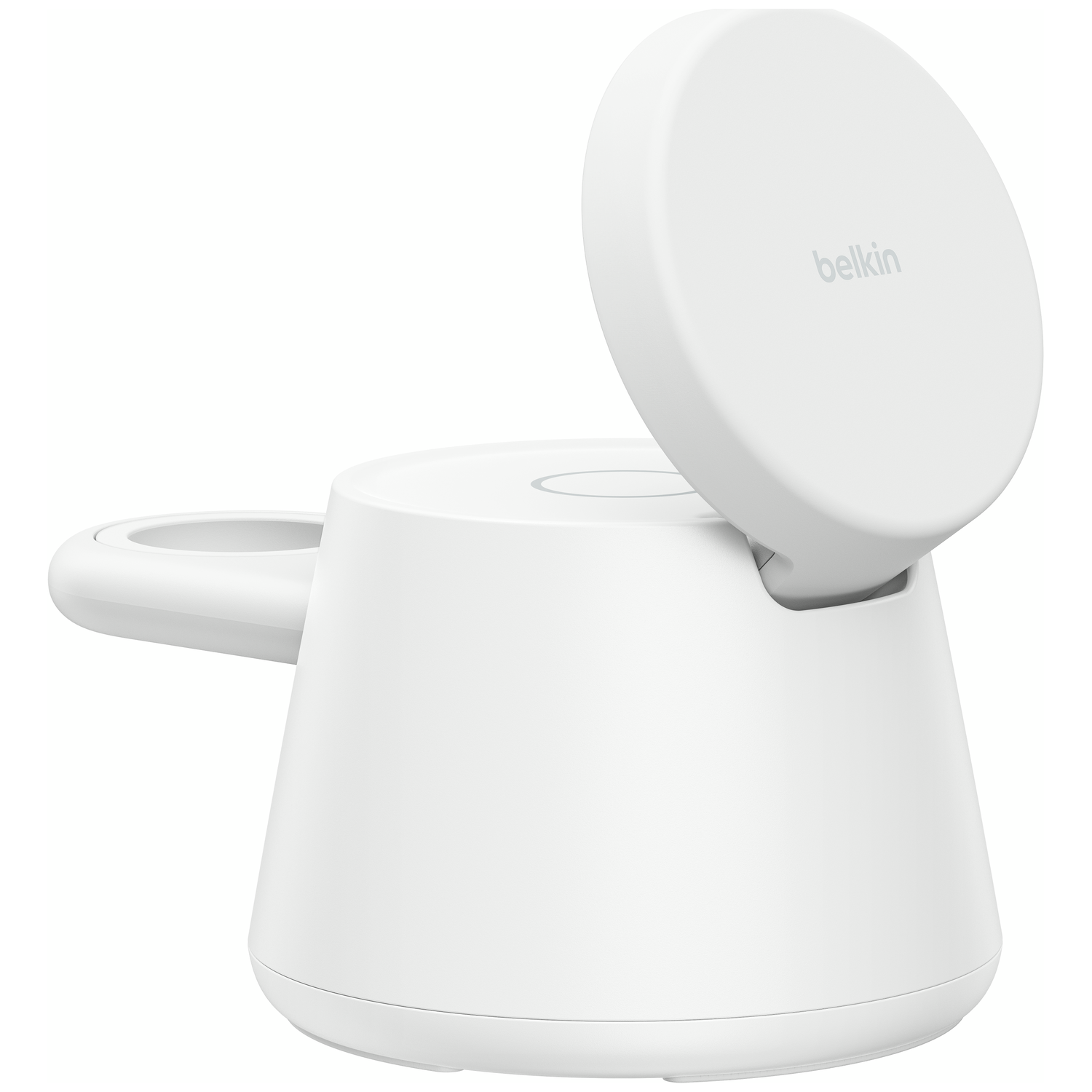 A white Belkin charger for an Apple Watch with its lid open.