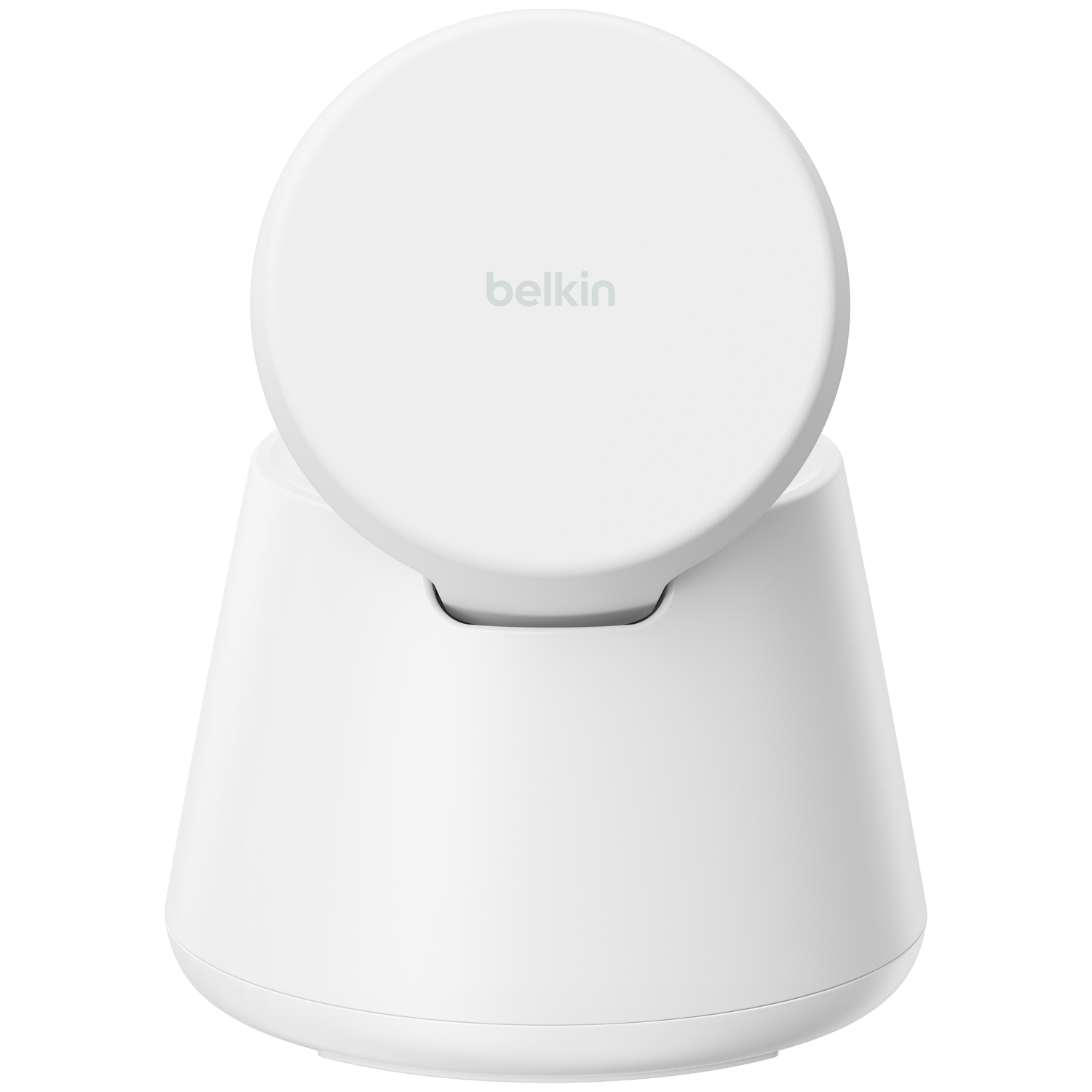 A white Belkin charging stand for a smartphone. On a white background.