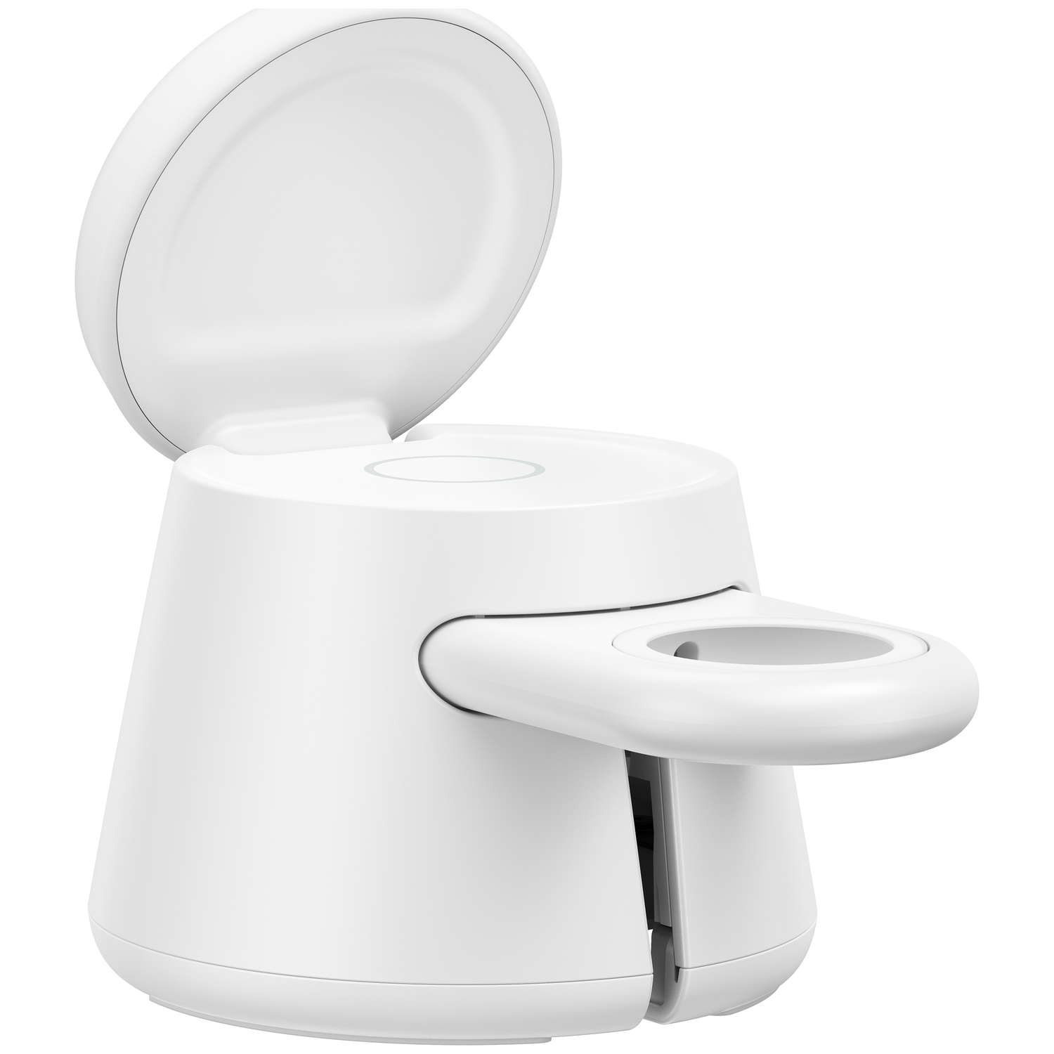 A white, open container with a handle on its right side.
