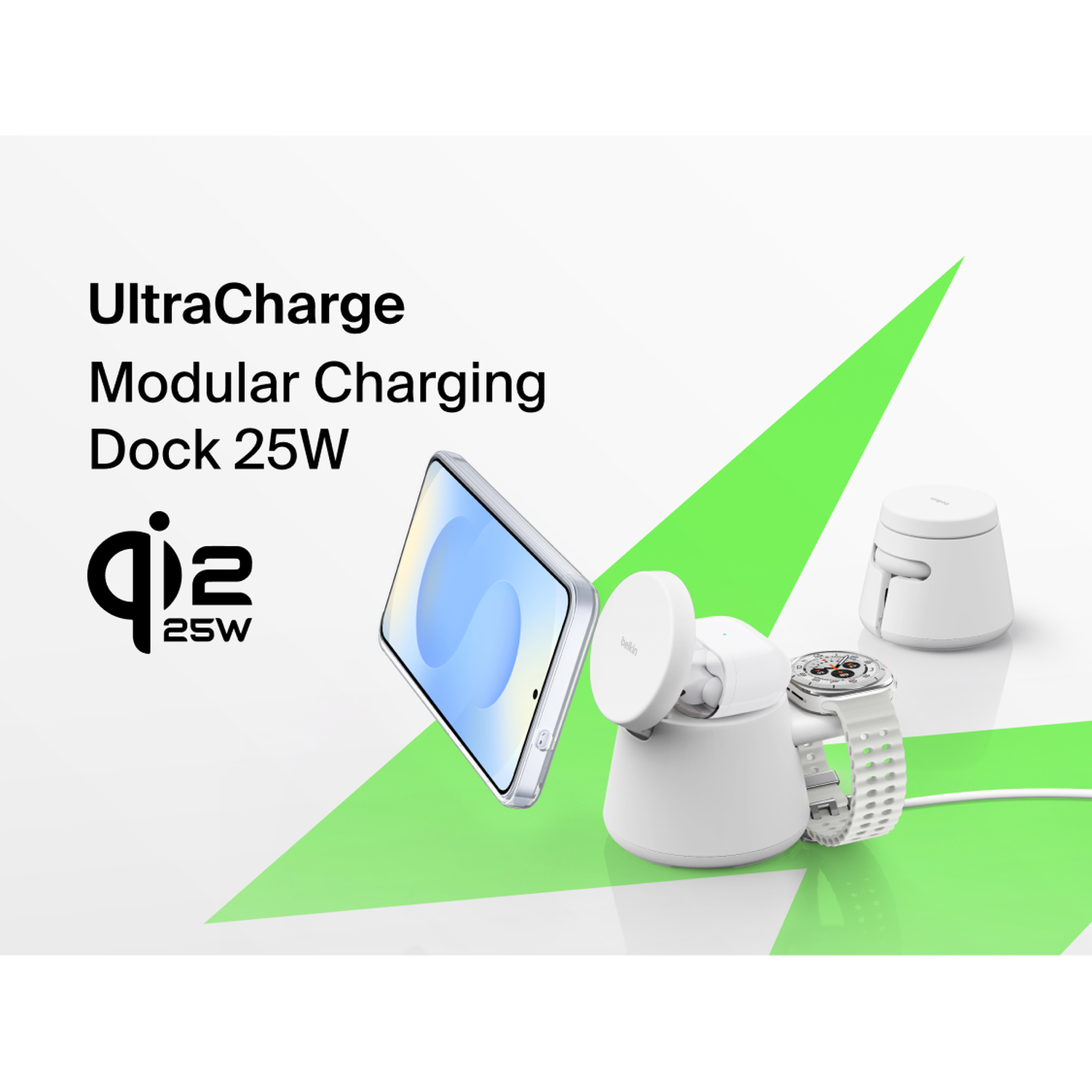 Belkin modular charging dock with phone, watch, and earbuds.