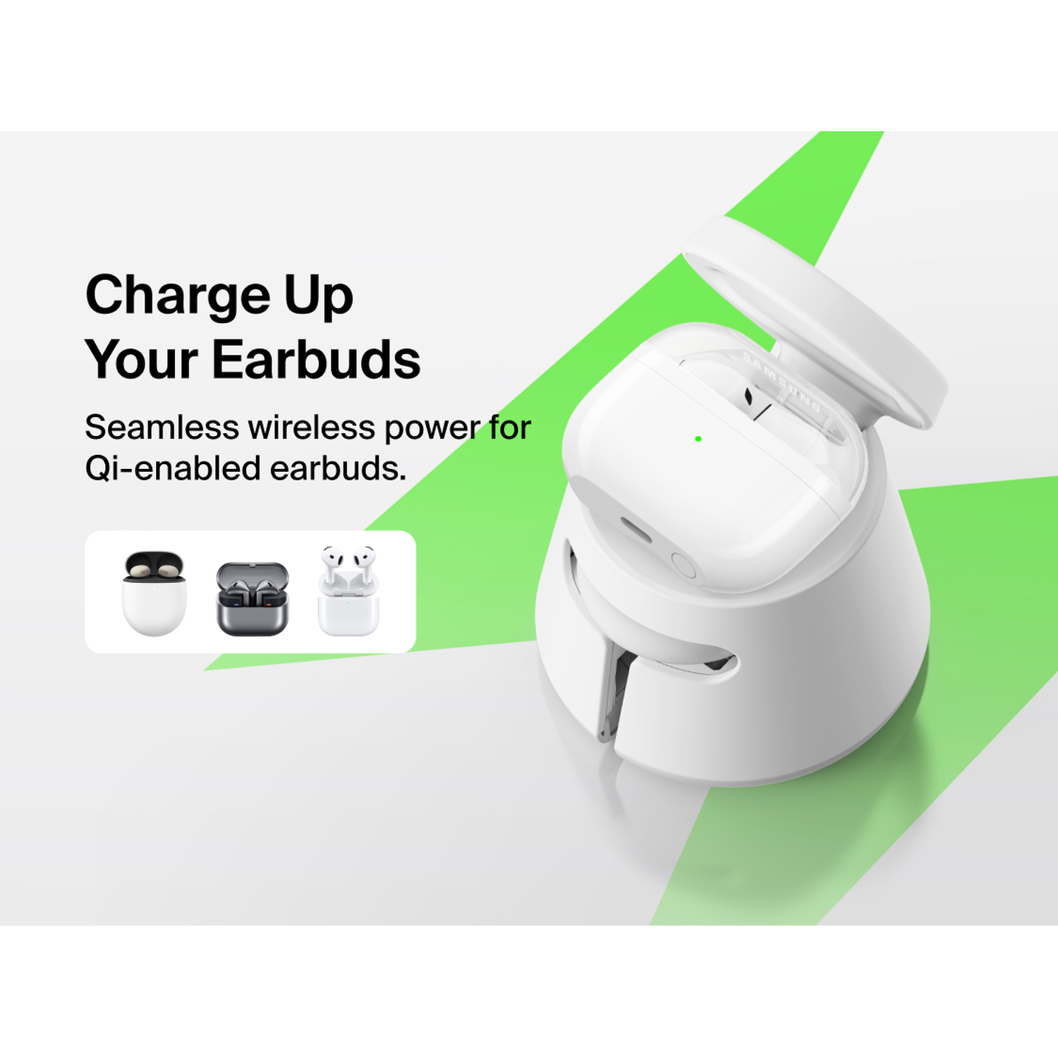 White charging stand with white earbuds and three earbud examples.