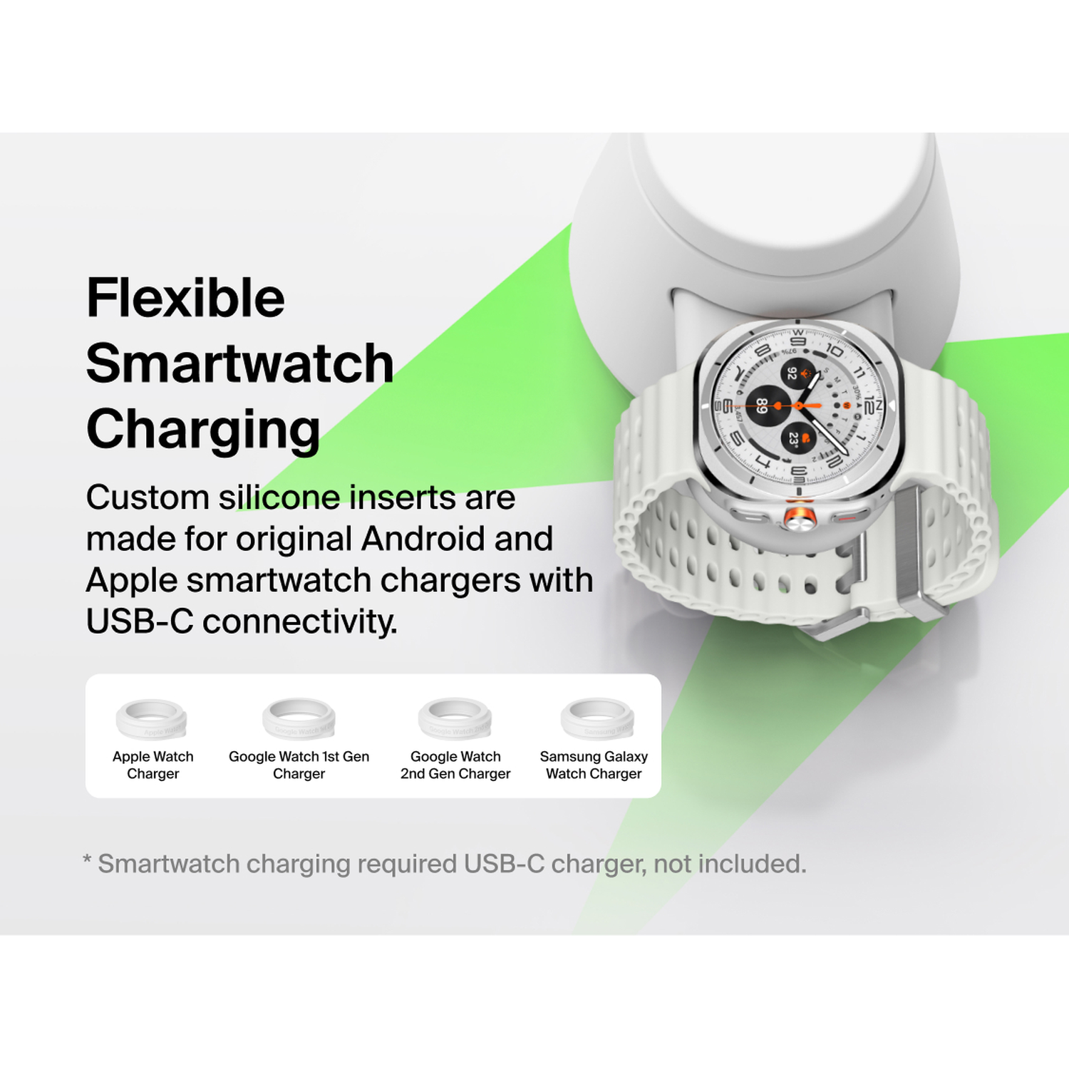 A white smartwatch with a white band is mounted on a white charging stand.