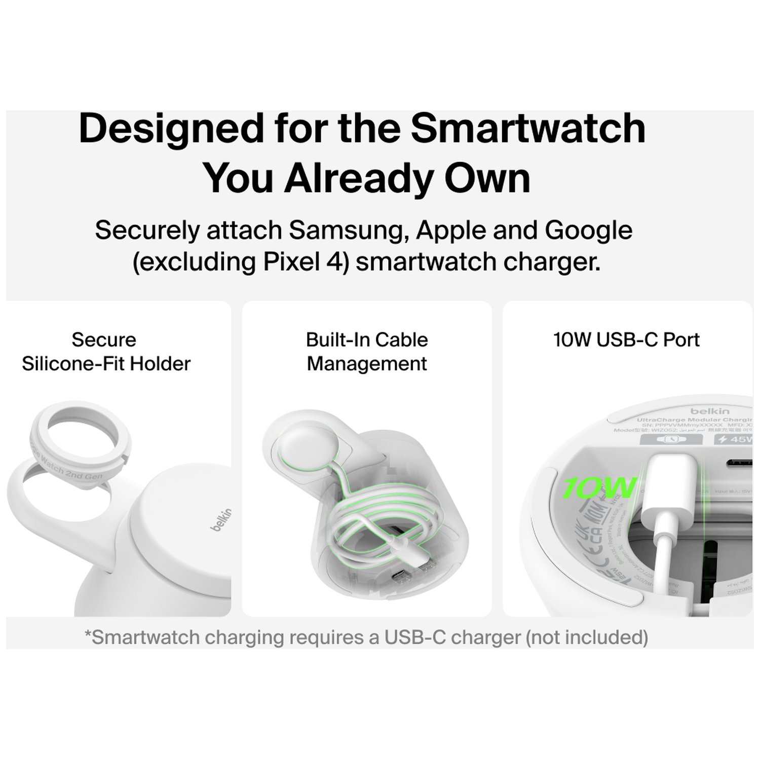 Belkin Smartwatch charger with silicone holder, cable management, and 10W USB-C port.