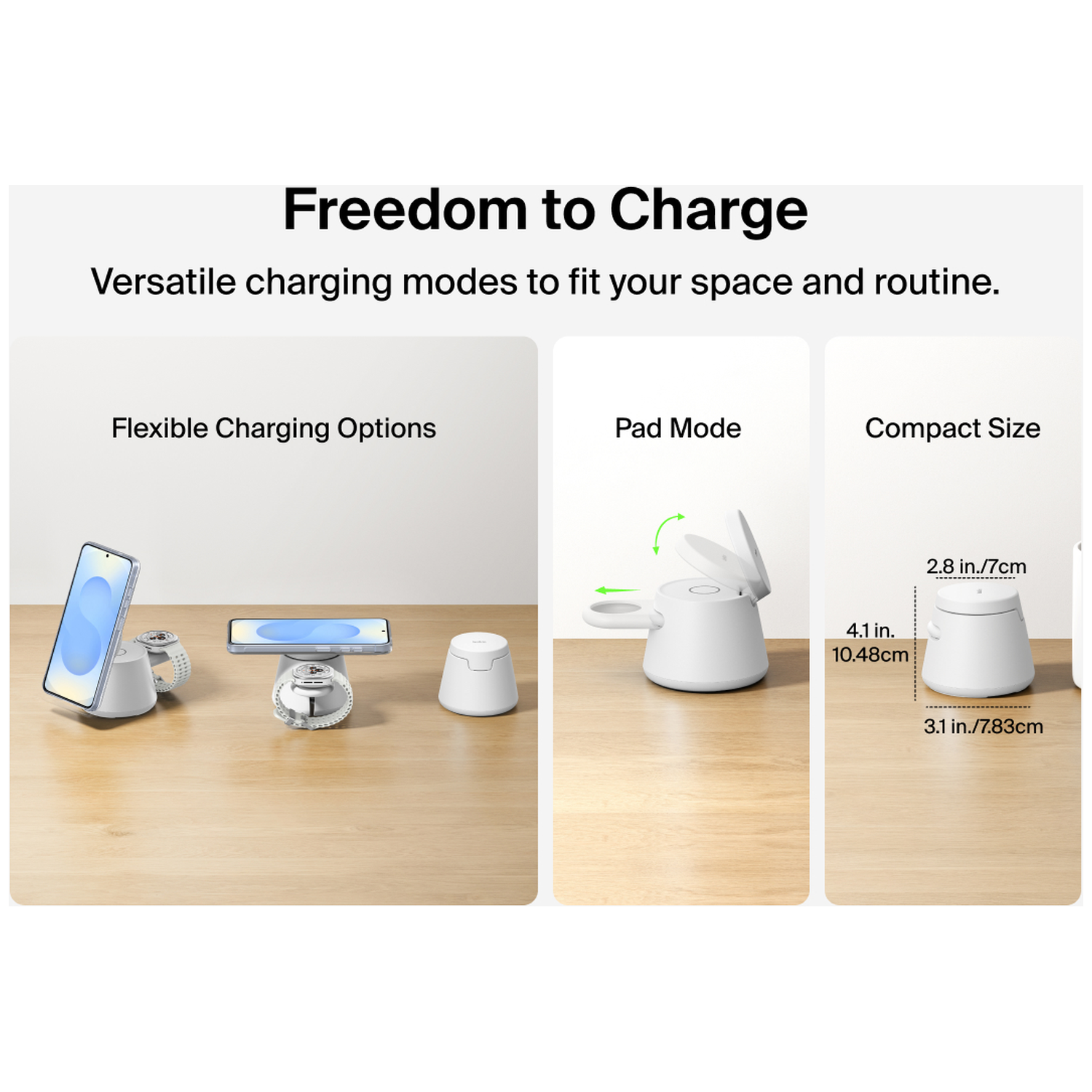 Three white charging stands on a wooden desk: one holds a phone upright, another a phone flat, and a third is shown with dimensions.
