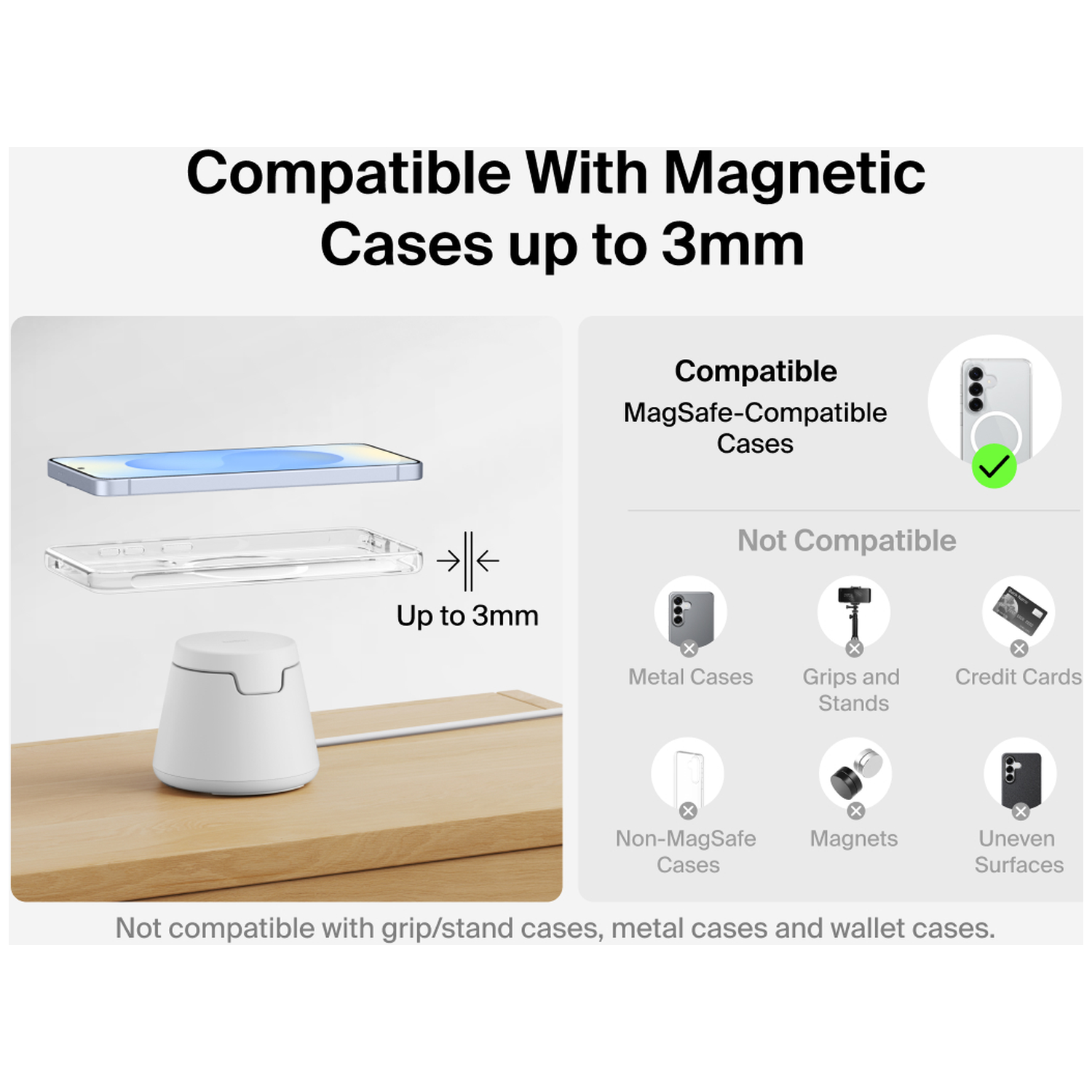 Compatible with magnetic cases up to 3mm and non-compatible cases.