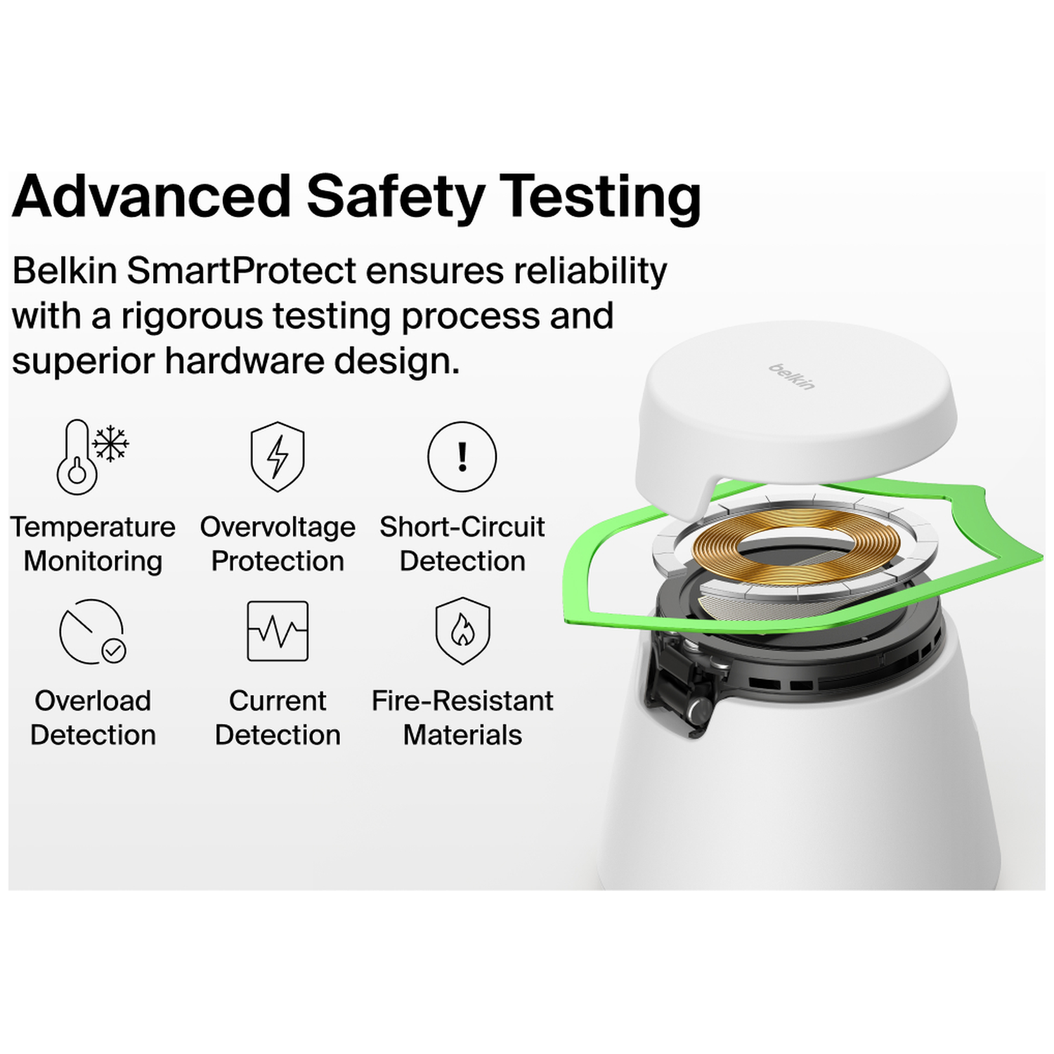 Belkin SmartProtect: Icons for Temp., Overvoltage, Short-Circuit, Overload, Current, Fire-Resistant.