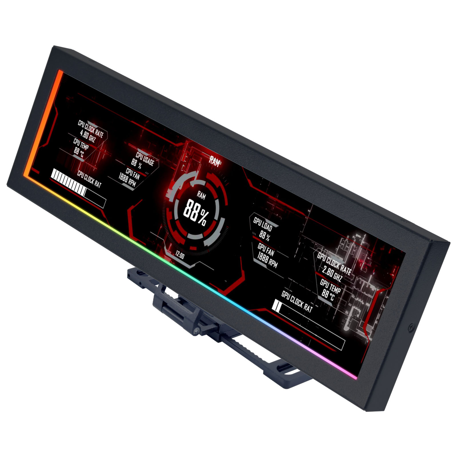 Ein schwarzer Monitor zeigt PC-Daten wie CPU-Auslastung, RAM und GPU-Temperatur.