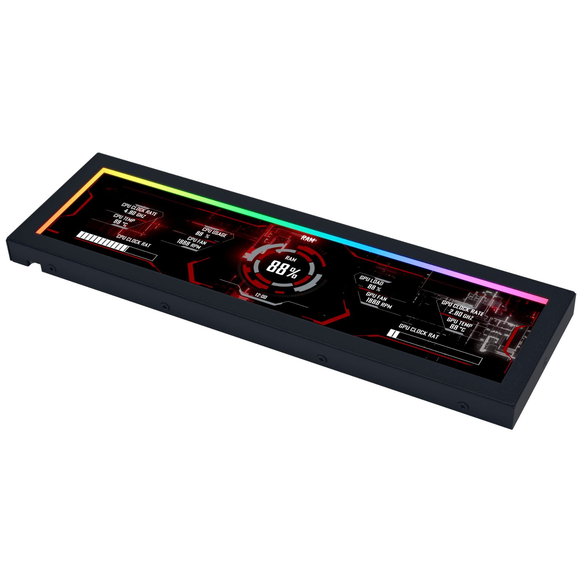 Ein schwarzes Display zeigt Computer-Hardware-Daten wie CPU- und GPU-Auslastung und Temperatur.
