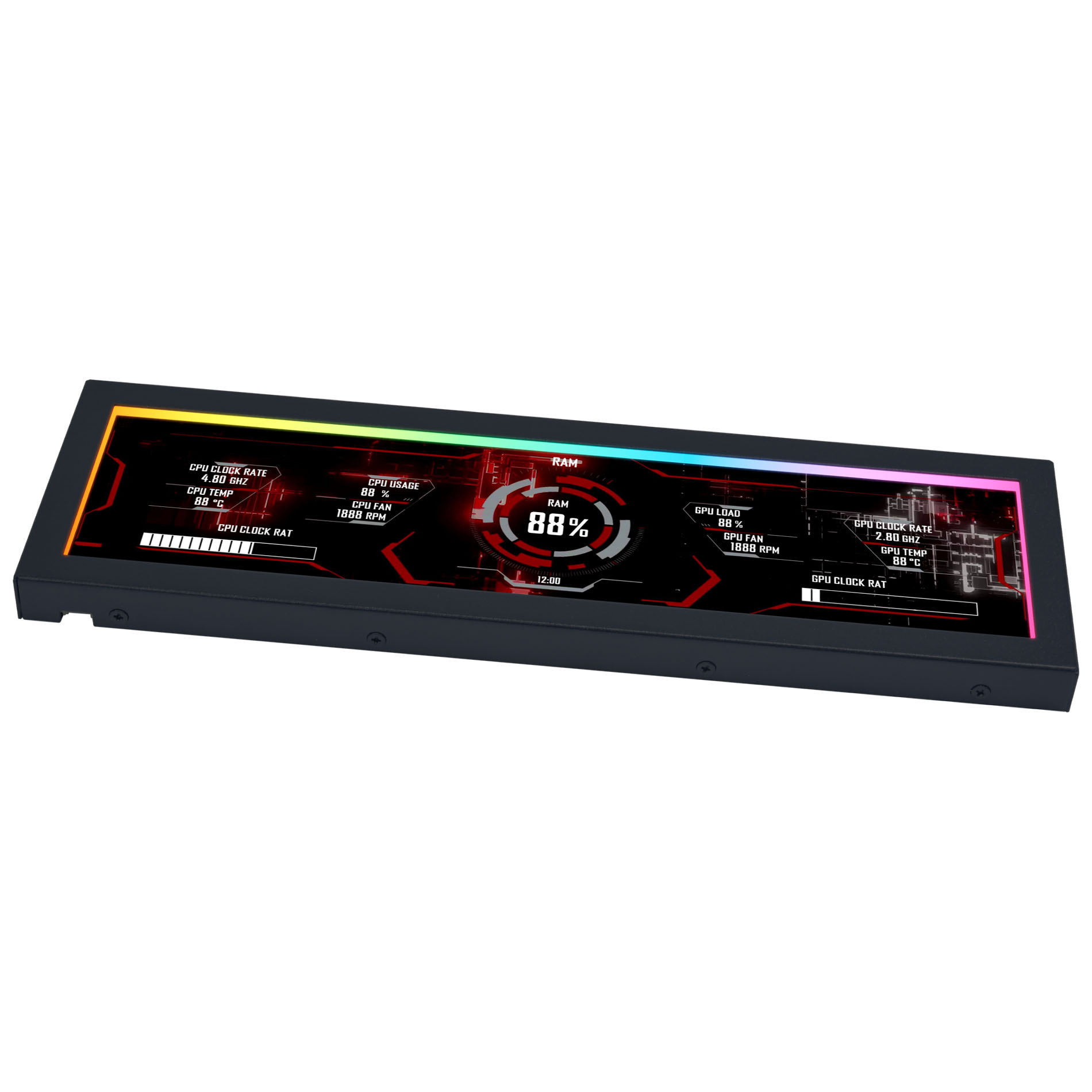Ein schwarzes Display zeigt Computer-Statistiken wie CPU, RAM und GPU an, mit RGB-Beleuchtung.