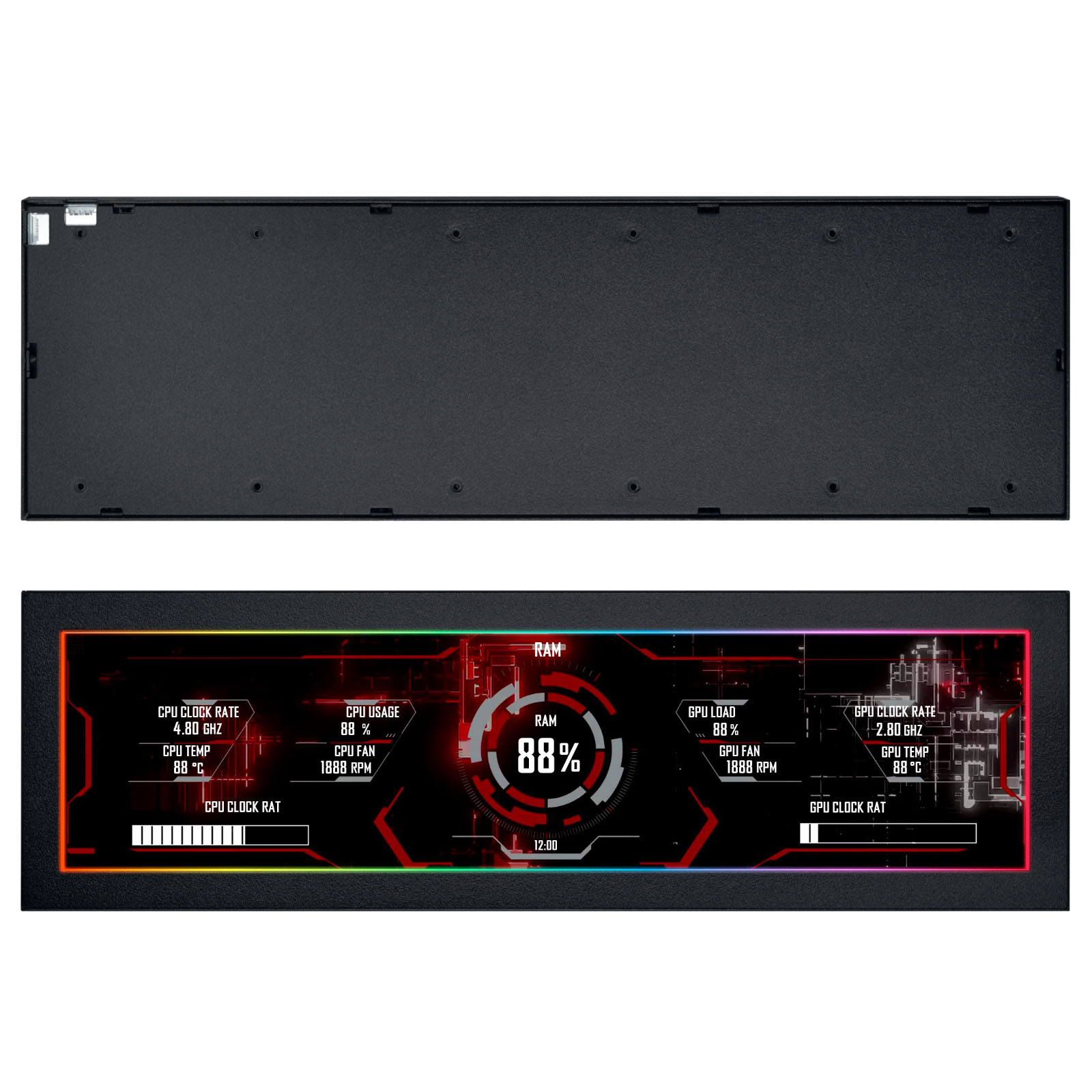 Ein schwarzes Gehäuse oben, unten ein Display mit Systeminformationen wie CPU, RAM und GPU-Auslastung.