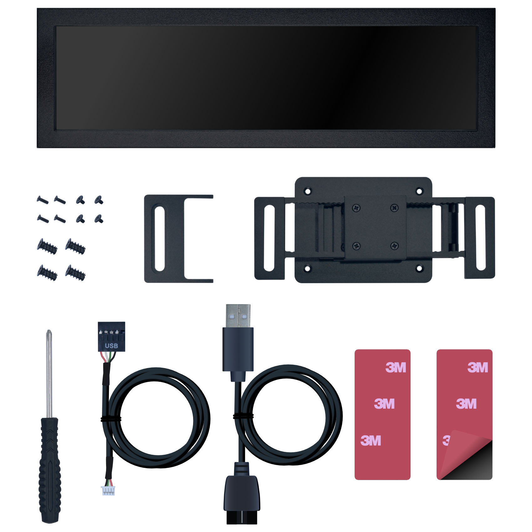 Ein breites schwarzes Display mit Zubehör: Schrauben, Halterungen, Kabel, USB-Adapter und Klebestreifen.