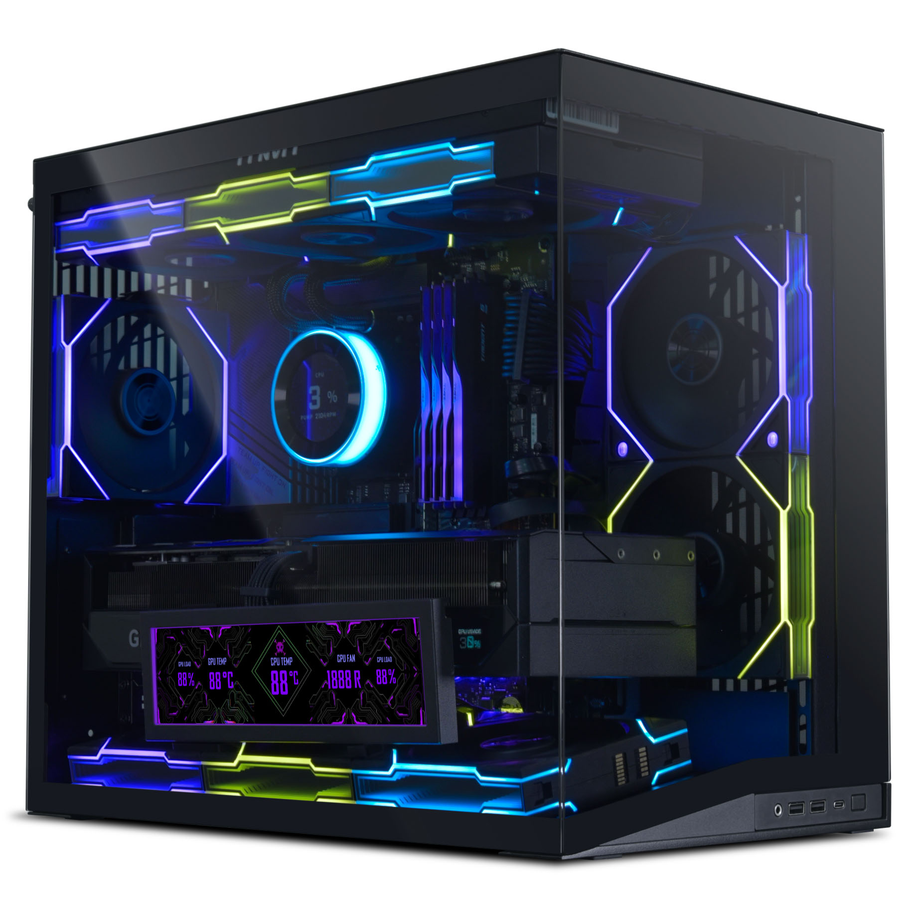 Ein schwarzes PC-Gehäuse mit RGB-Beleuchtung und sichtbaren Komponenten.