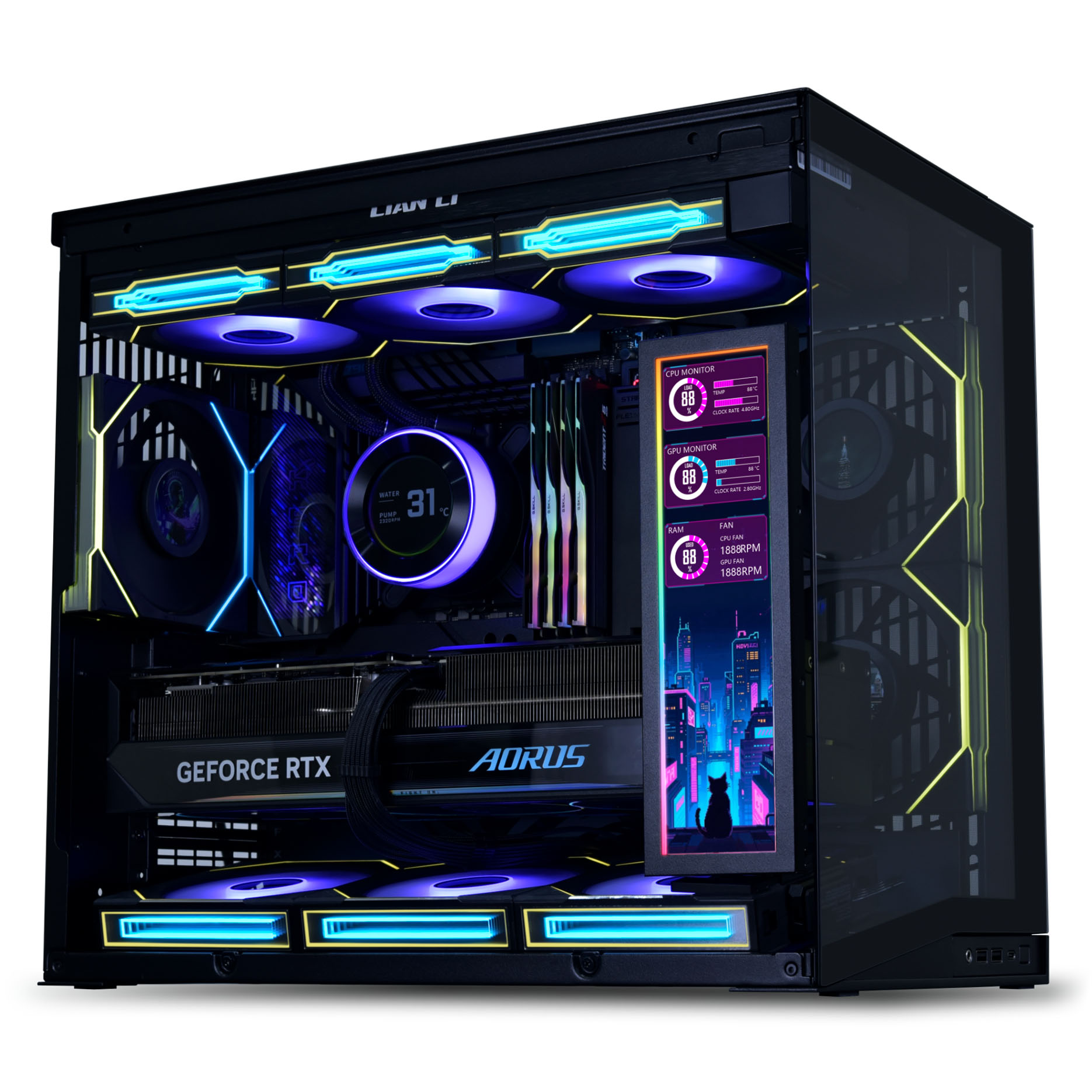 Ein schwarzer Gaming-PC mit blauen und gelben Lichtern, Lüftern und einem Bildschirm.
