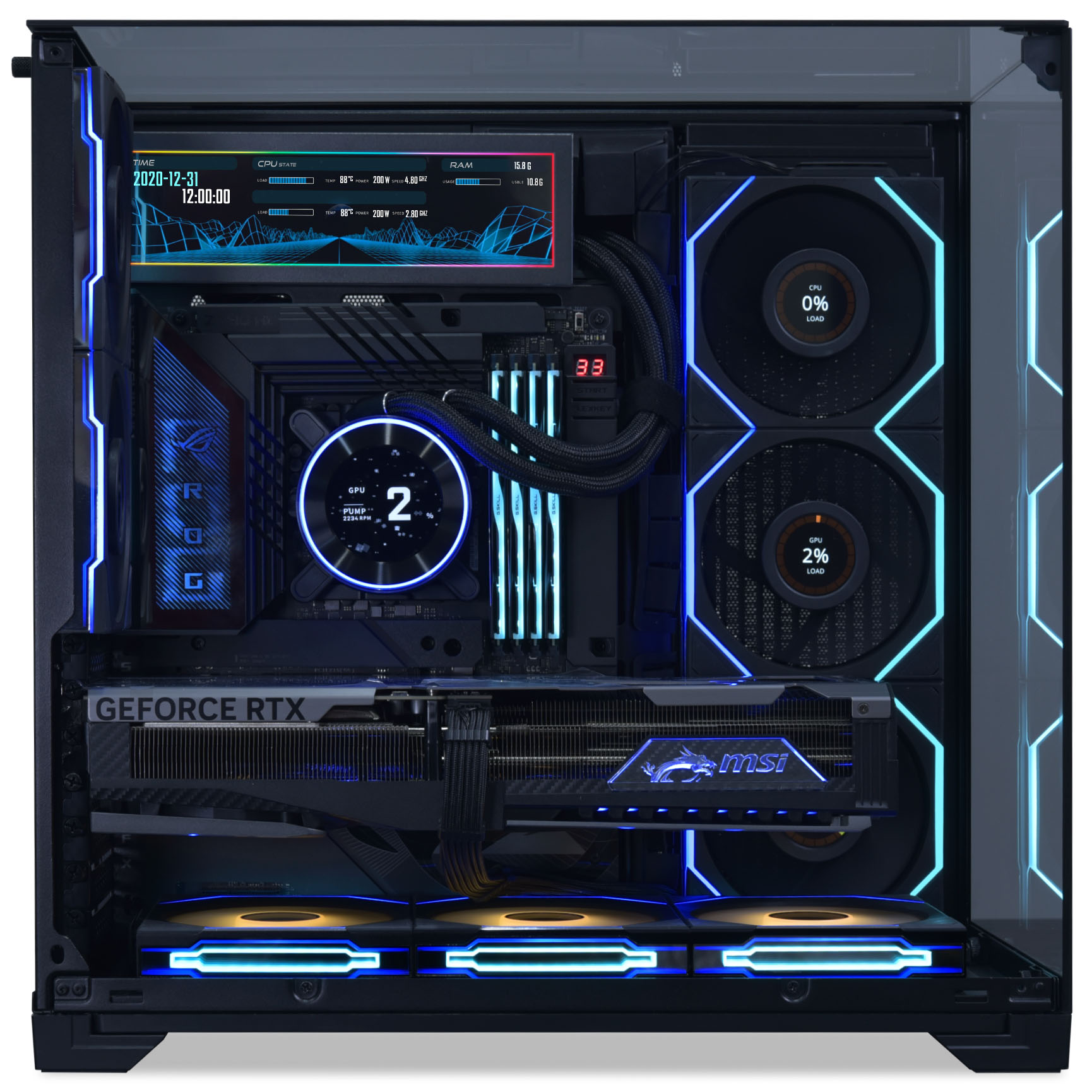 Ein moderner PC-Build mit RGB-Beleuchtung, Wasserkühlung und LCD-Display.