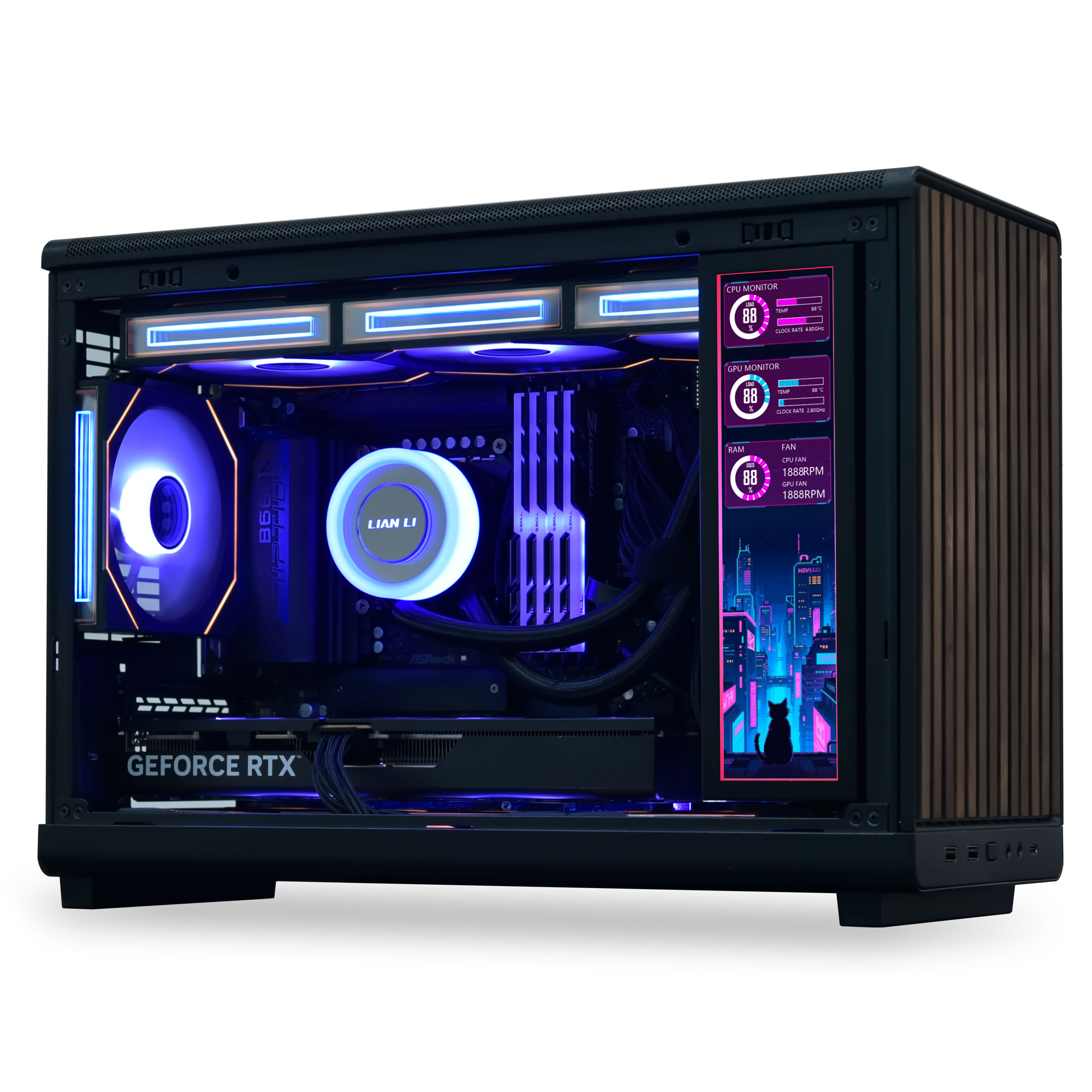 Ein benutzerdefinierter PC mit RGB-Beleuchtung, der interne Komponenten wie GPU und Lüfter zeigt.