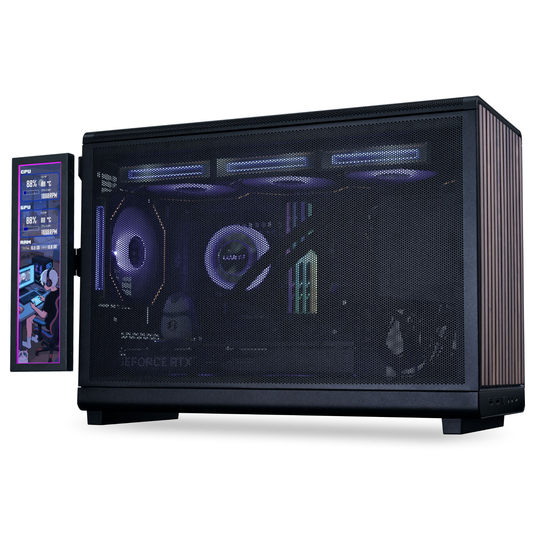 Ein schwarzes PC-Gehäuse mit Lüftern und einem kleinen Bildschirm, der Systemdaten anzeigt.