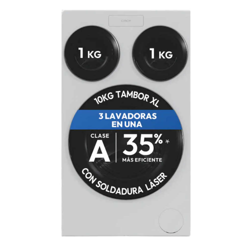 Lavadora Candy: Tambor 10kg, Clase A, 35% más eficiente, soldadura láser.