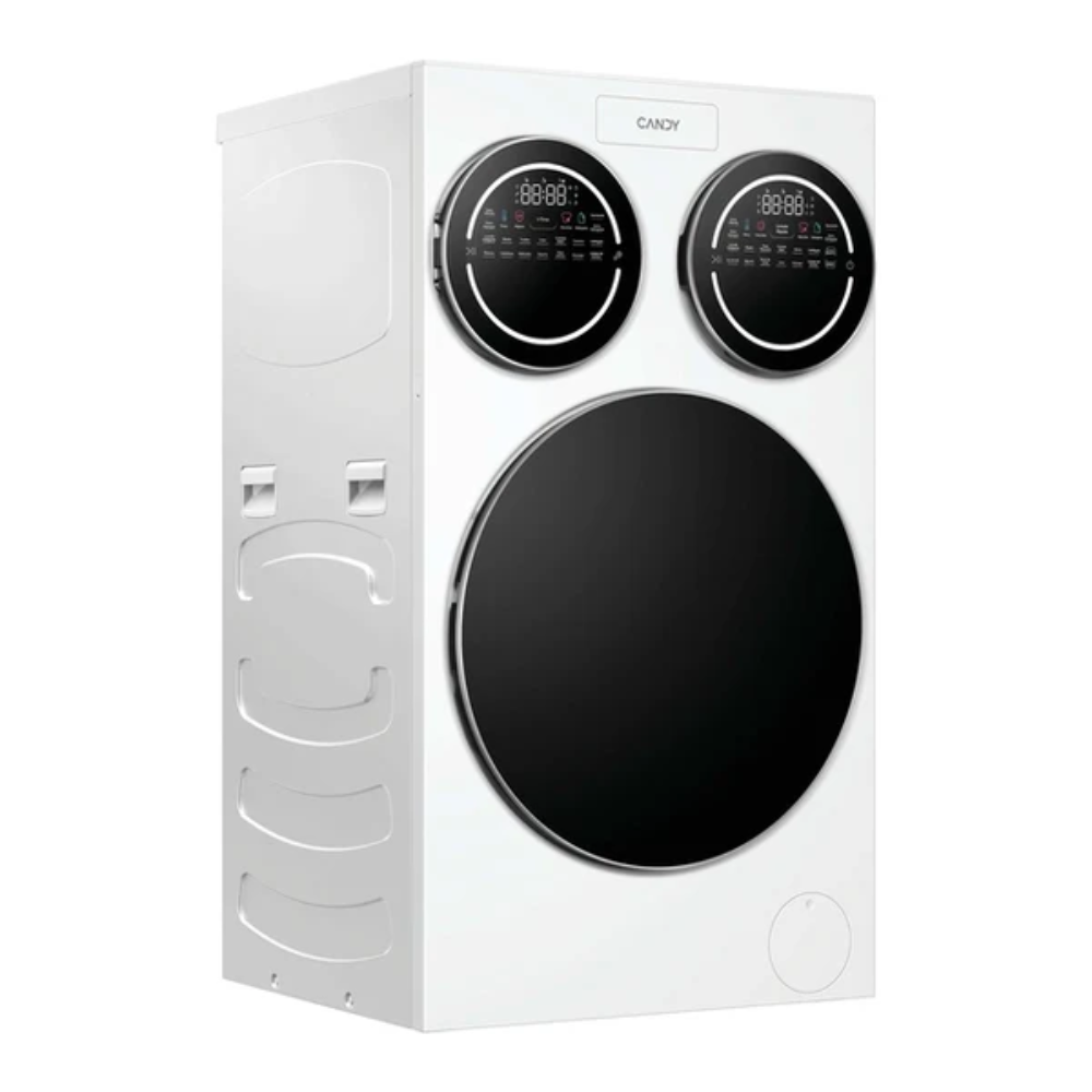 Lavadora blanca Candy con dos pantallas digitales y una gran puerta redonda negra.