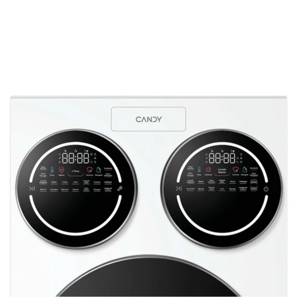 Primer plano del panel de control de una lavadora Candy con dos pantallas redondas.