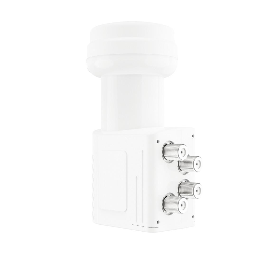 Ein weißer Satelliten-LNB mit drei Anschlüssen auf weißem Hintergrund.