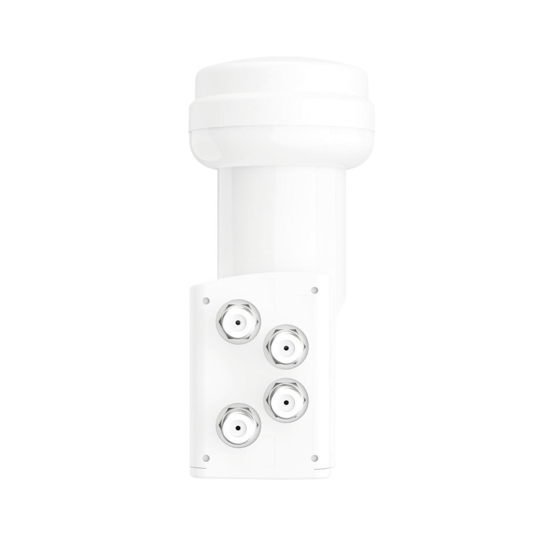 Ein weißer LNB mit vier Anschlüssen auf weißem Hintergrund.