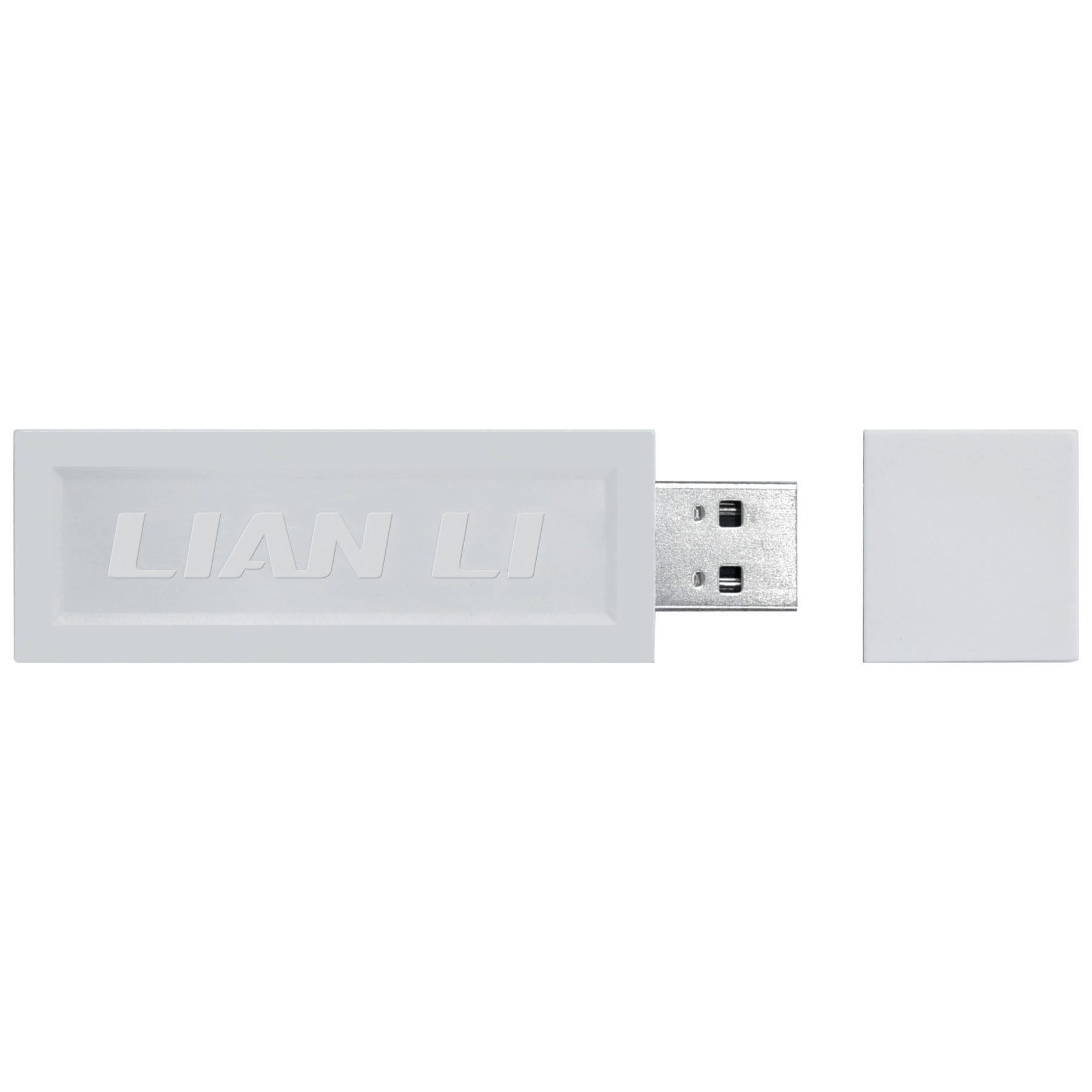 Ein weißer USB-Stick mit dem Logo von LIAN LI und einer abnehmbaren Kappe.