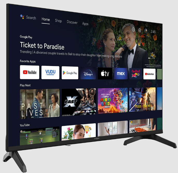 Ein Smart TV zeigt eine Benutzeroberfläche mit Filmtrailern, Apps und Wiedergabelisten.