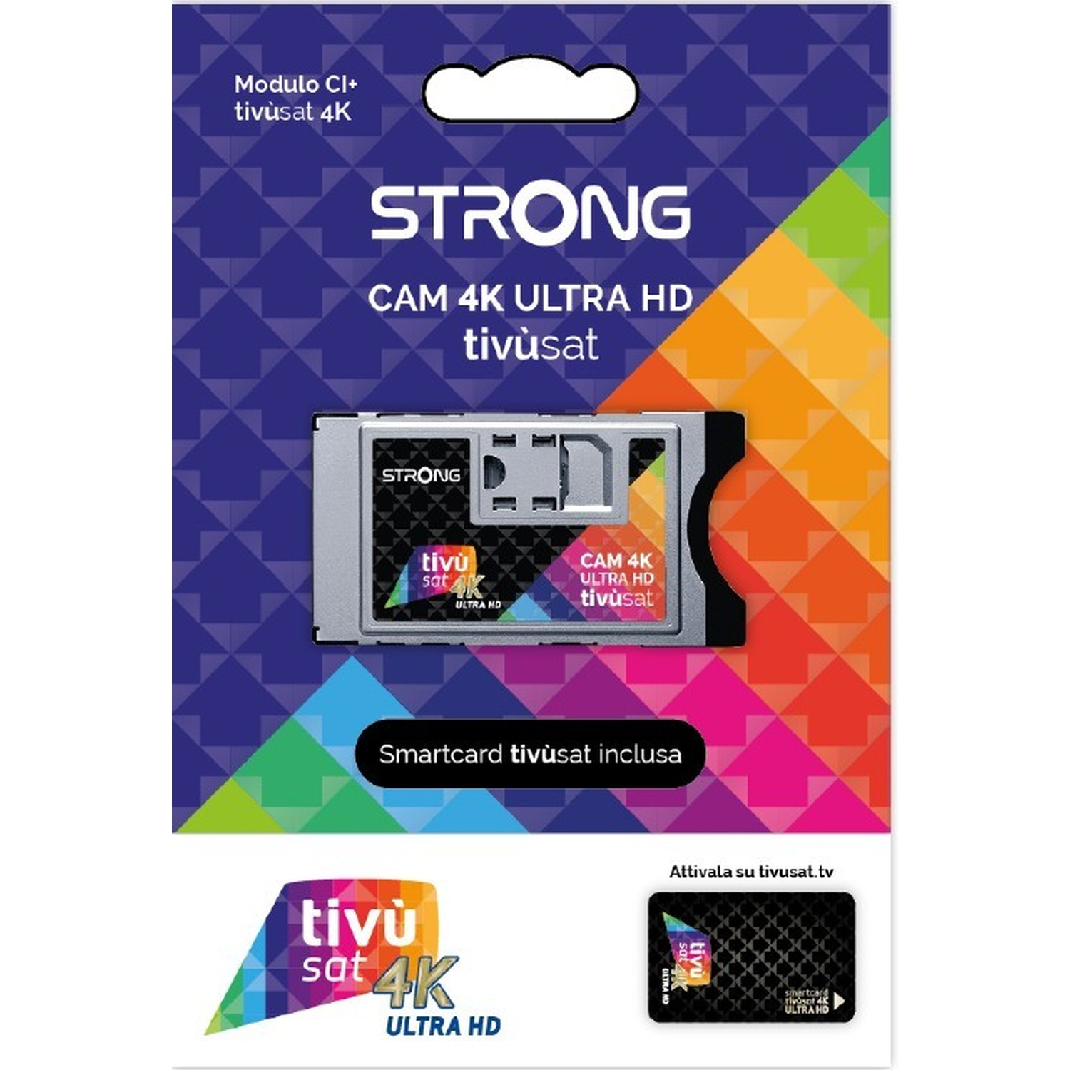 Confezione per modulo STRONG CAM 4K ULTRA HD tivùsat con smartcard.