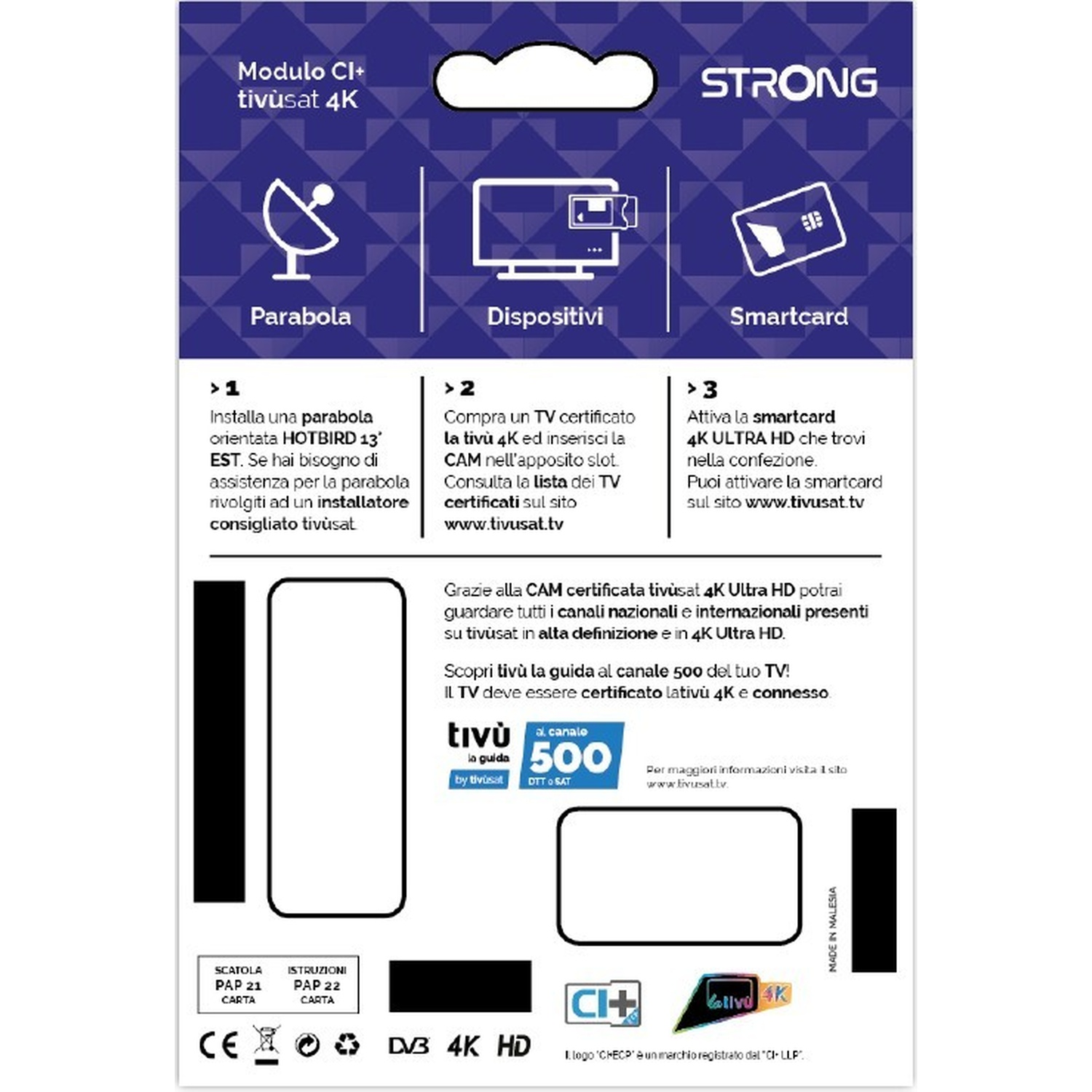 Retro confezione con istruzioni per modulo CI+, parabola, dispositivi e smartcard.