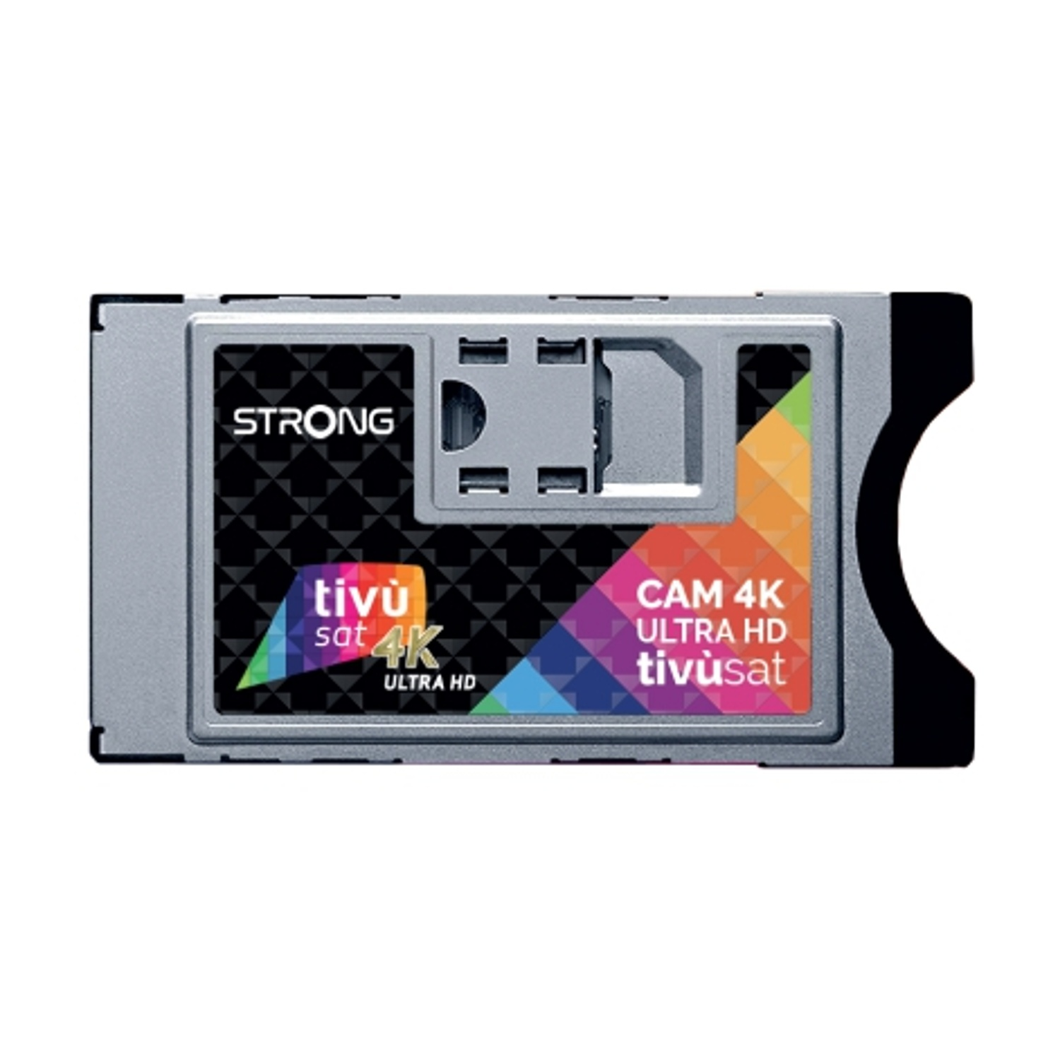 Un adattatore CAM 4K ULTRA HD argentato con logo STRONG e motivi geometrici colorati.
