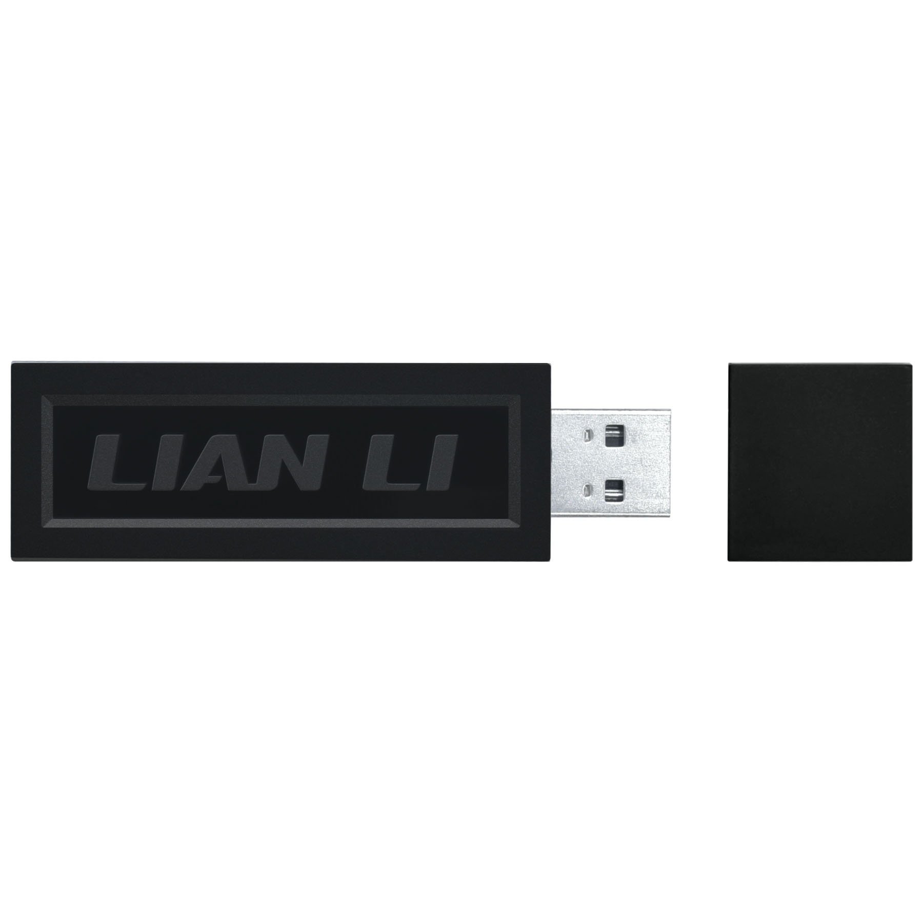 Schwarzer USB-Stick mit silbernem Anschluss und separatem Deckel.