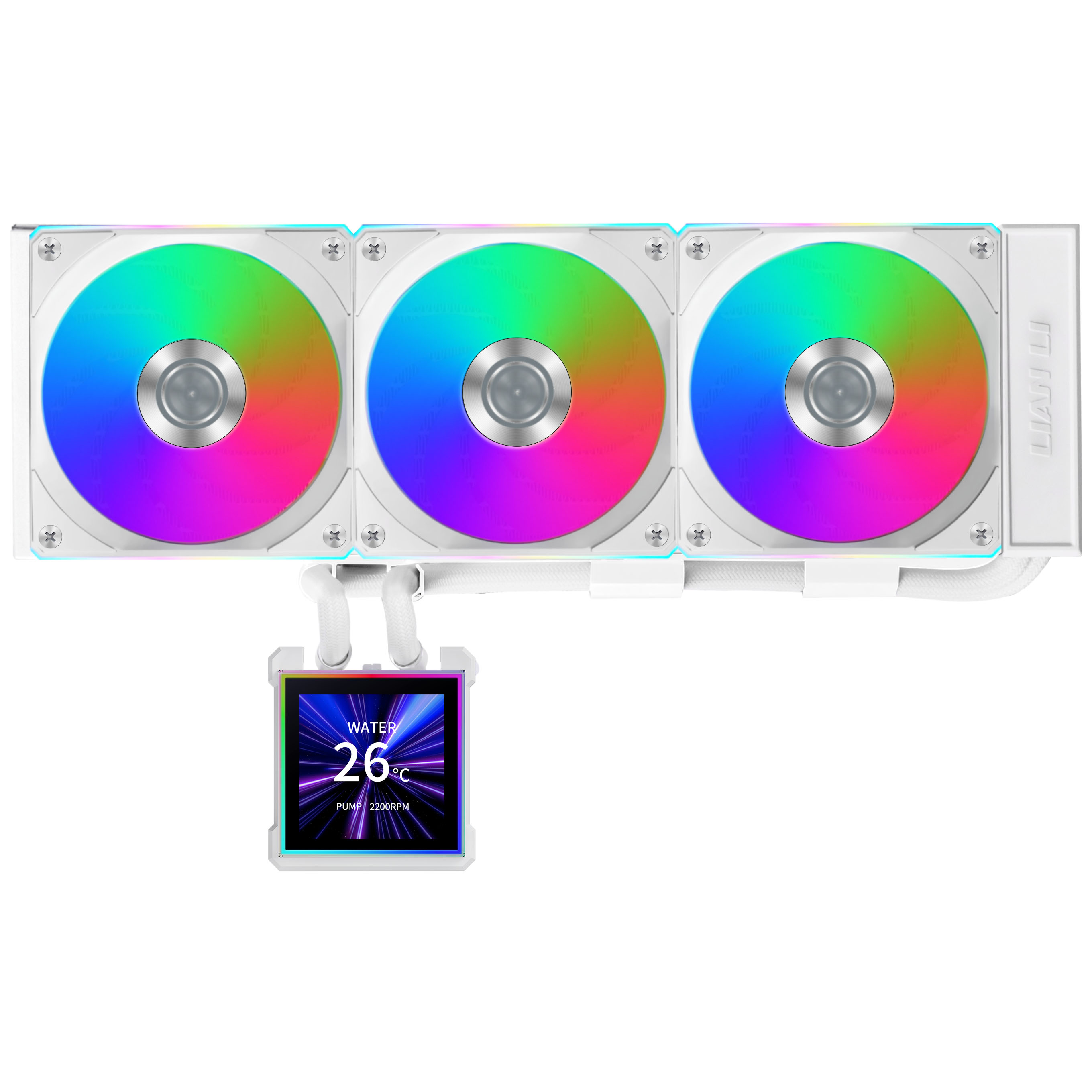 Weiße CPU-Kühler-Einheit mit drei RGB-Lüftern und einem kleinen Display.