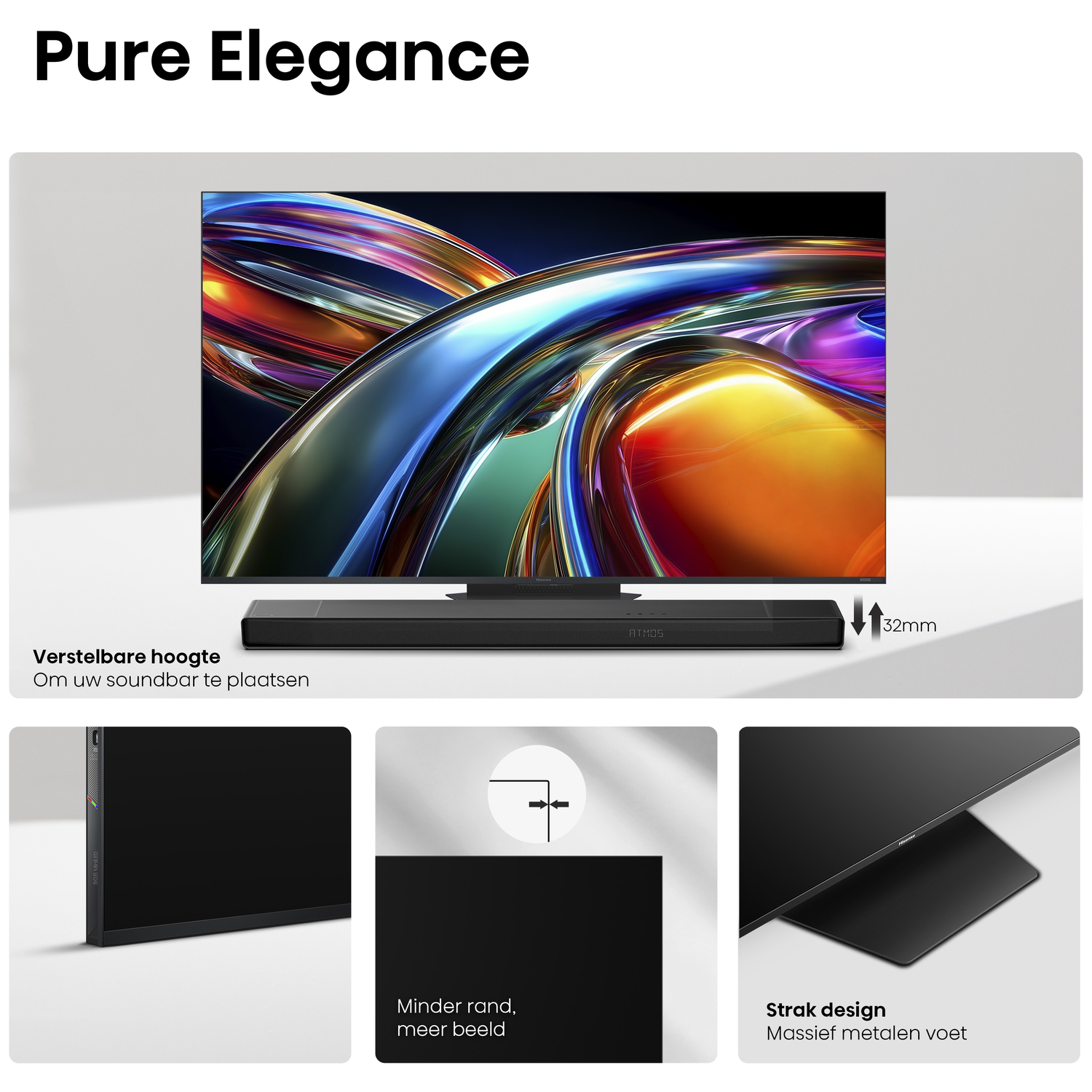TV met soundbar, verstelbare voet en "Pure Elegance" tekst.