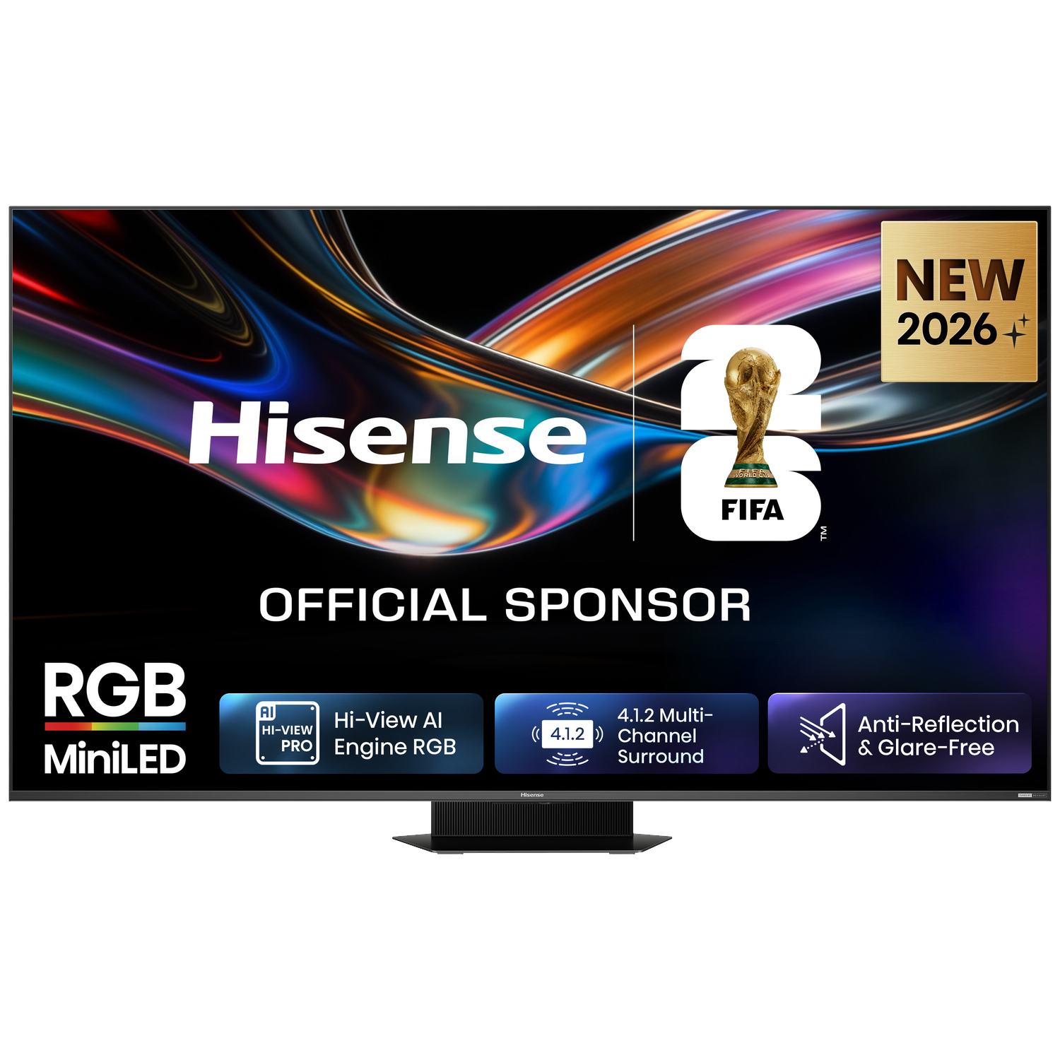 Hisense RGB MiniLED TV, officieel sponsor, met FIFA WK-logo & "NIEUW 2026".