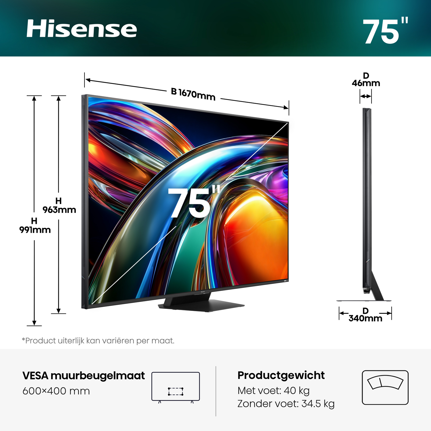Hisense 75-inch TV. Afmetingen: B 1670mm, H 963mm, D 46mm. VESA 600x400mm.