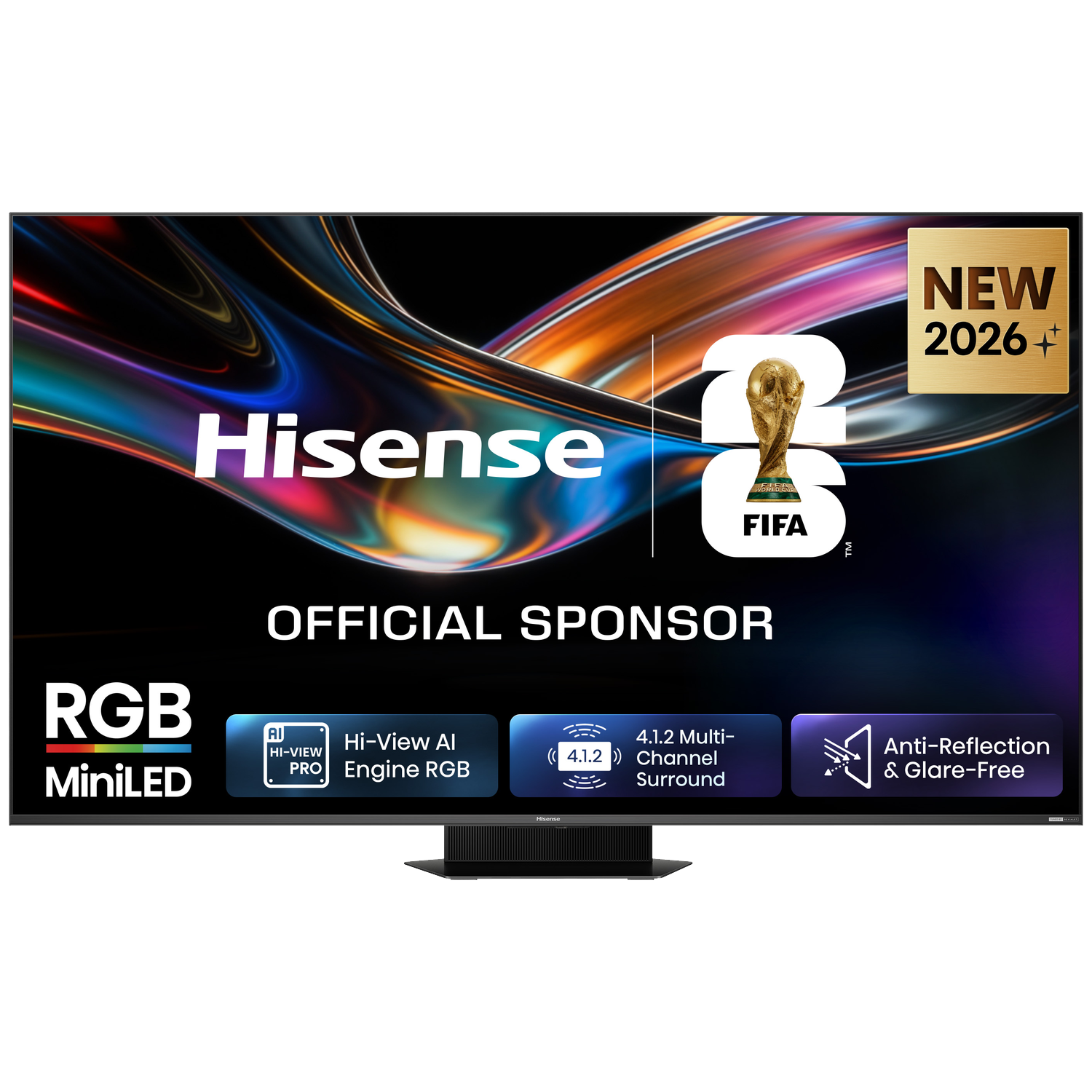 Hisense RGB MiniLED TV, officiële FIFA-sponsor, NIEUW 2026. Met AI Engine, 4.1.2 surround, anti-reflectie.