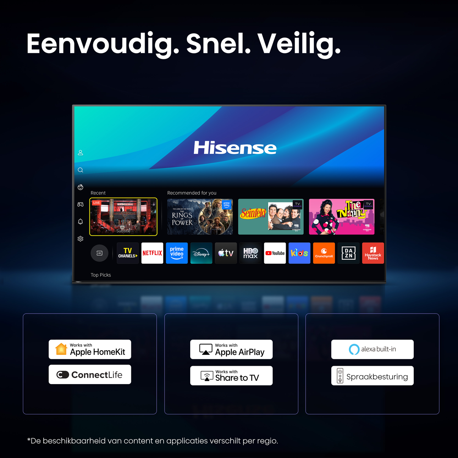 Hisense Smart TV startscherm met app-icoontjes, Works with Apple en Alexa.