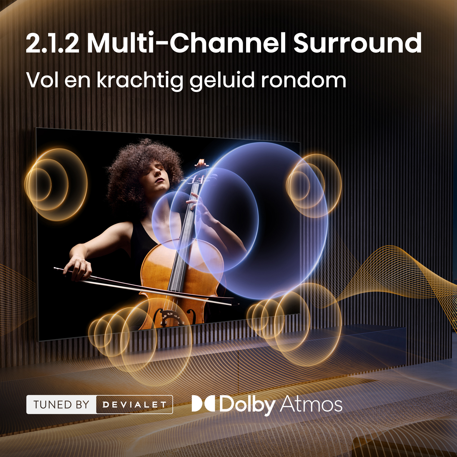 Vrouw speelt cello omringd door visuele geluidsgolven. 2.1.2 Surround Sound.