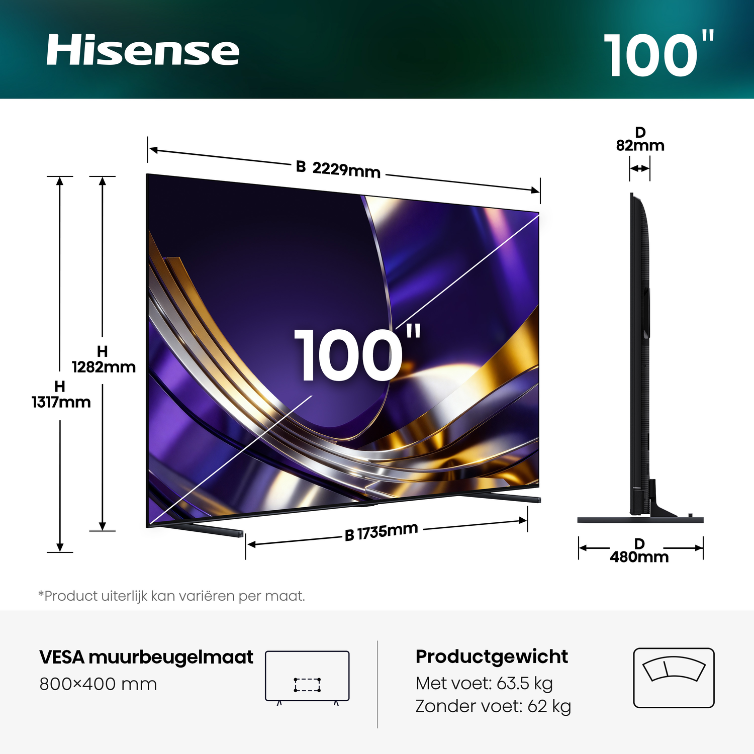 Hisense 100-inch TV met afmetingen: Breedte 2229mm, Hoogte 1282mm, Diepte 82mm.