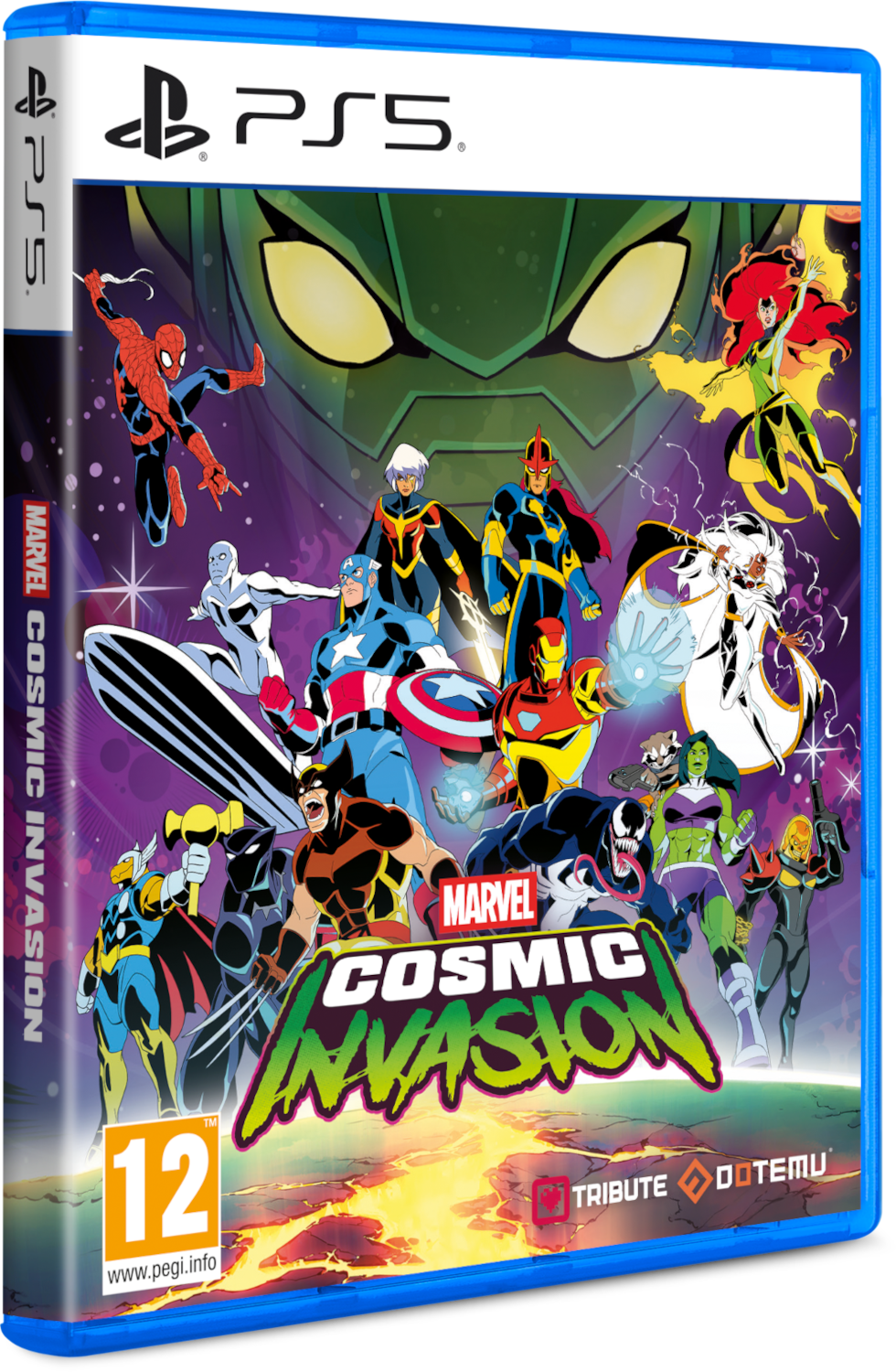 Marvel Cosmic Invasion PS5 játékhuzat sok szuperhőssel, mint Pókember, Amerika Kapitány, Vasember.