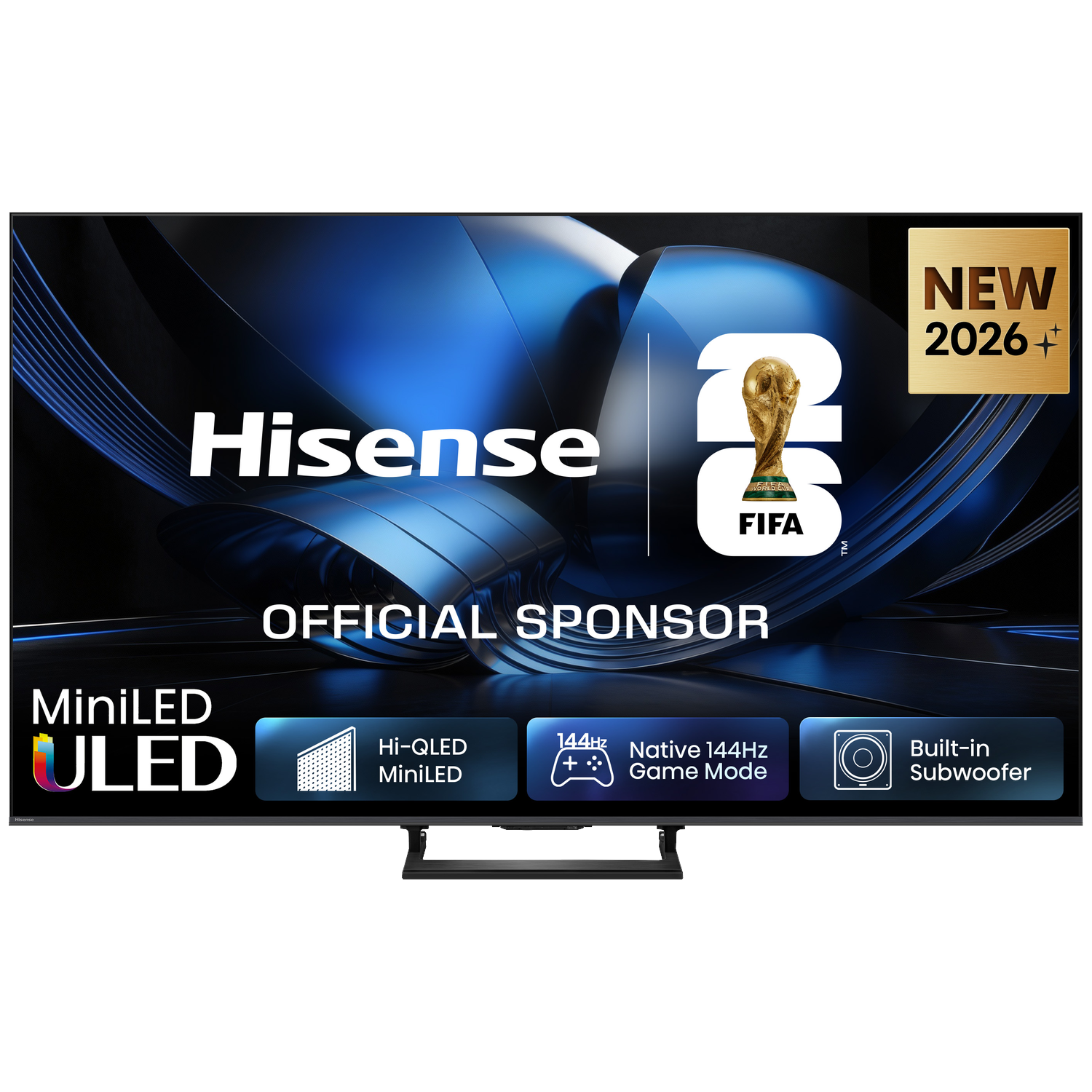 Hisense MiniLED ULED TV, FIFA WK 2026 sponsor met Hi-QLED, 144Hz Game Mode.